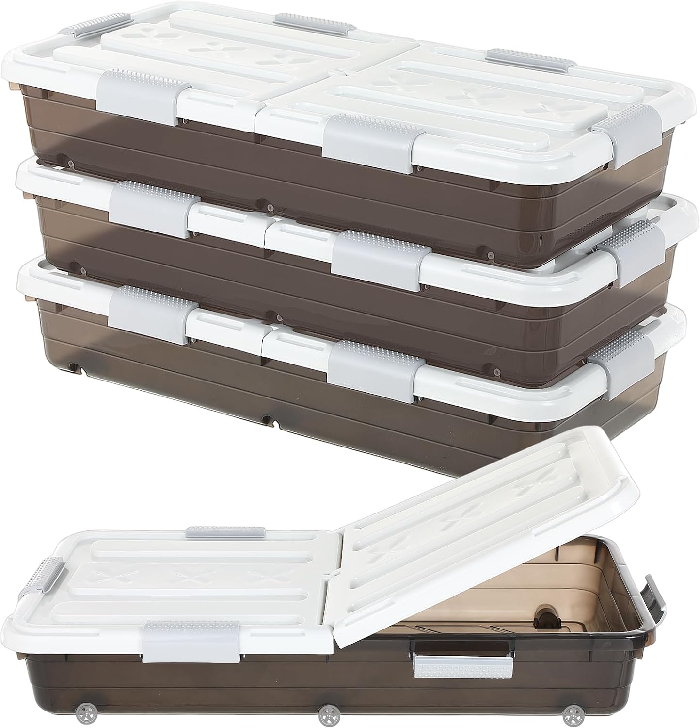 Beeveer 4 Pcs Plastic Under Bed Storage Container with Double Opening Lid Wheel Handle, Transparent Large Capacity Stackable Latching Festival Storage Bin for Closet Bedroom, 31.5x15.8x5.2 In(Brown)