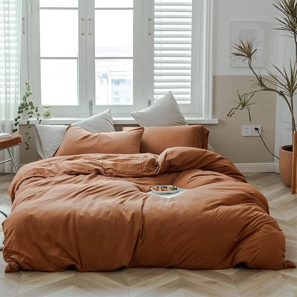 Prestonne Washed Cotton Plain Breathable Simple and Stylish Duvet Cover Set Eider & Ivory Size: King Duvet Cover + 2 King Pillowcases, Color: Orange
