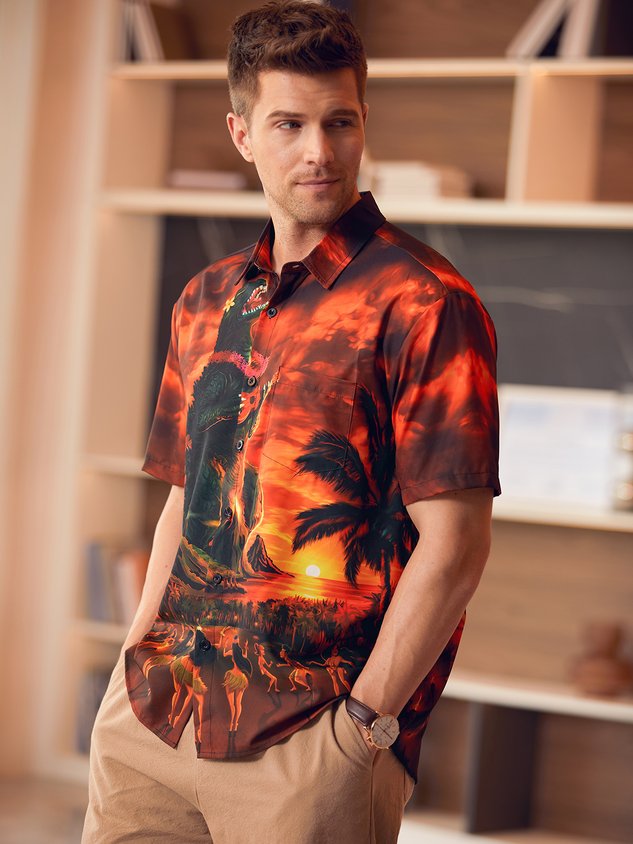 Chemise hawaïenne à manches courtes avec poche poitrine et motif dinosaure et motif Hula Girl