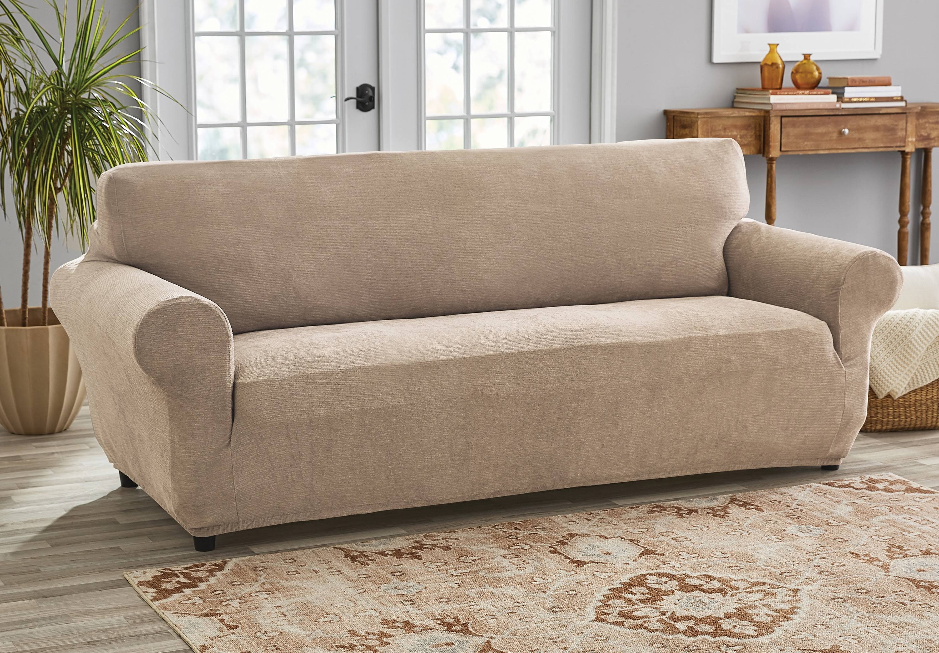 Mainstays Chenille Stretch Fabric Sofa Slipcover, Tan, 1-Piece, Beige