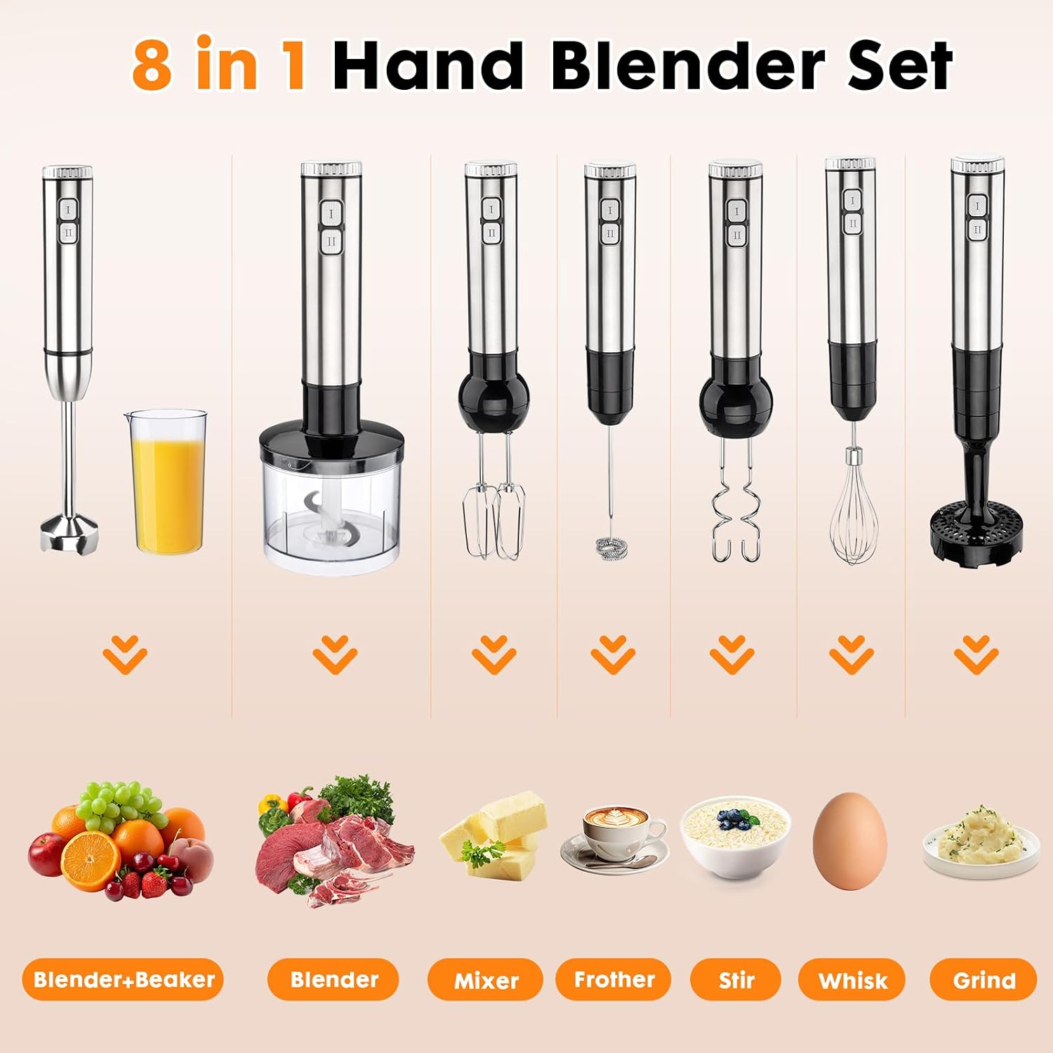 Immersion Blender Handheld 8 in 1 Hand Held Blenders Mixer Stainless Steel Electric Stick Beaker Chopper Milk Frother Grinder