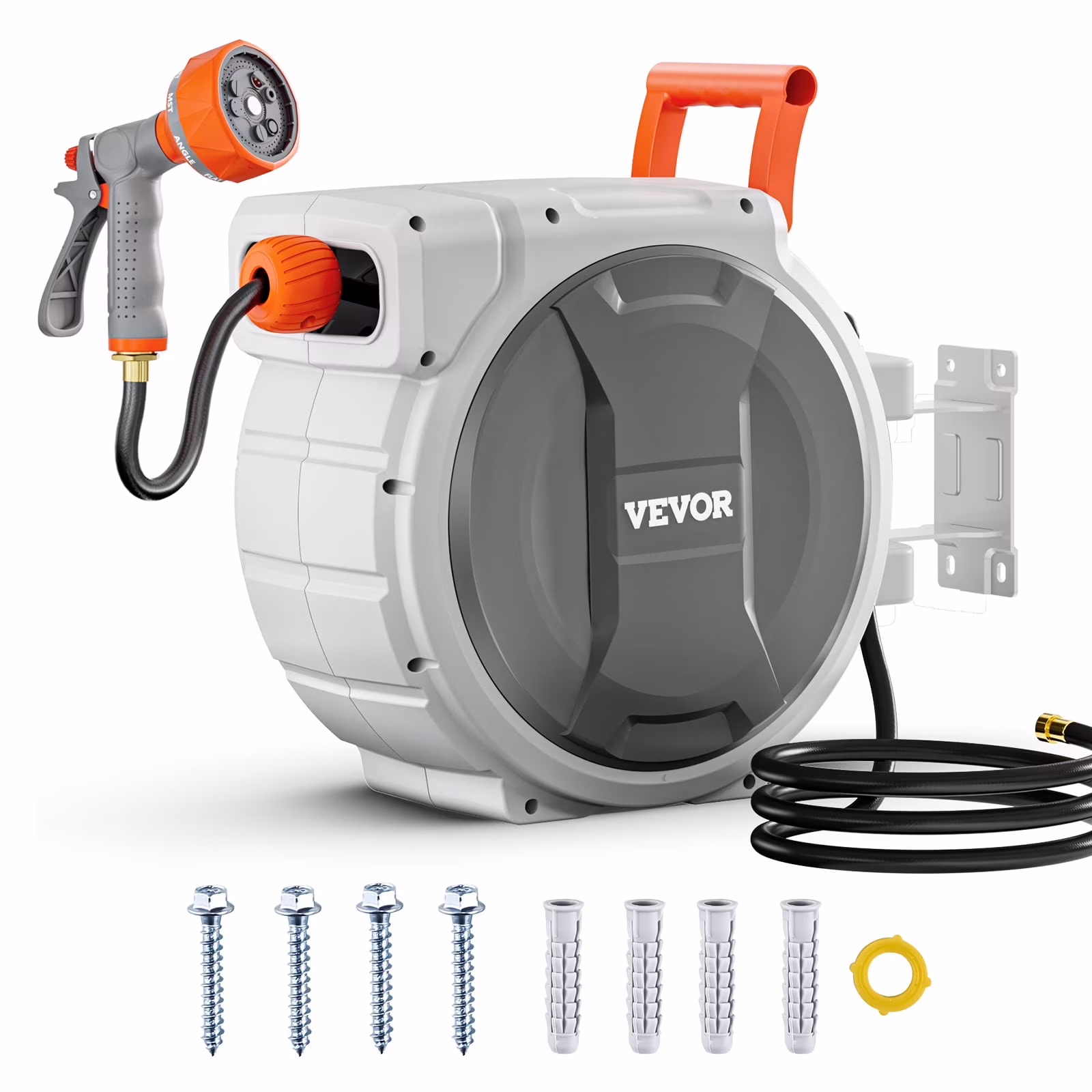 VEVOR Retractable Garden Hose Reel, 5/8 Inch x 100 ft Wall Mounted Hose Reel, Heavy Duty Garden Hose Reel with 9 Patterns Nozzle, Any Length Lock, Upgraded Slow Return System and 180��Swivel Bracket