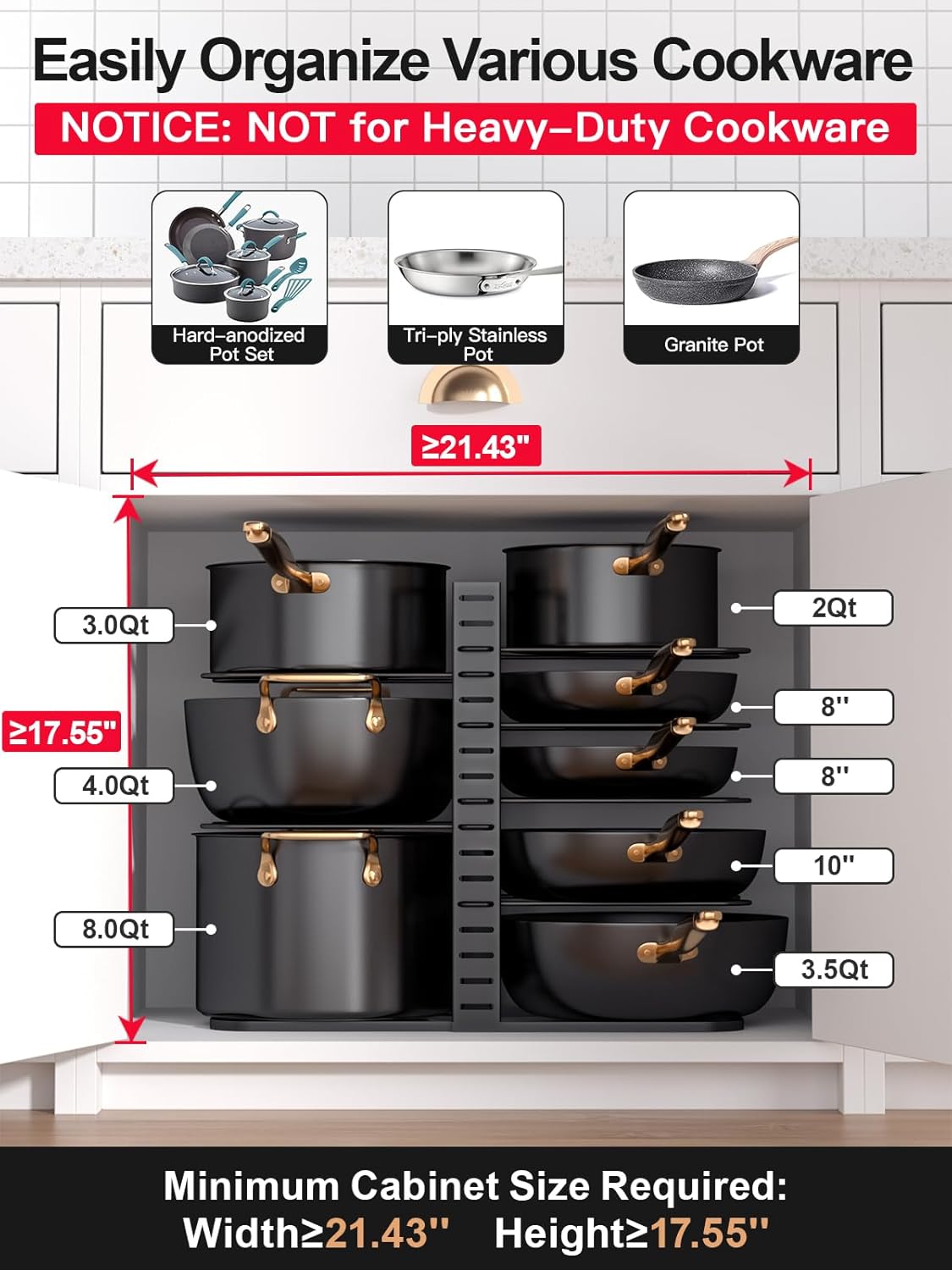 MUDEELA 8-Tier Lightweight Pots and Pans Organizer under Cabinet, 14.55