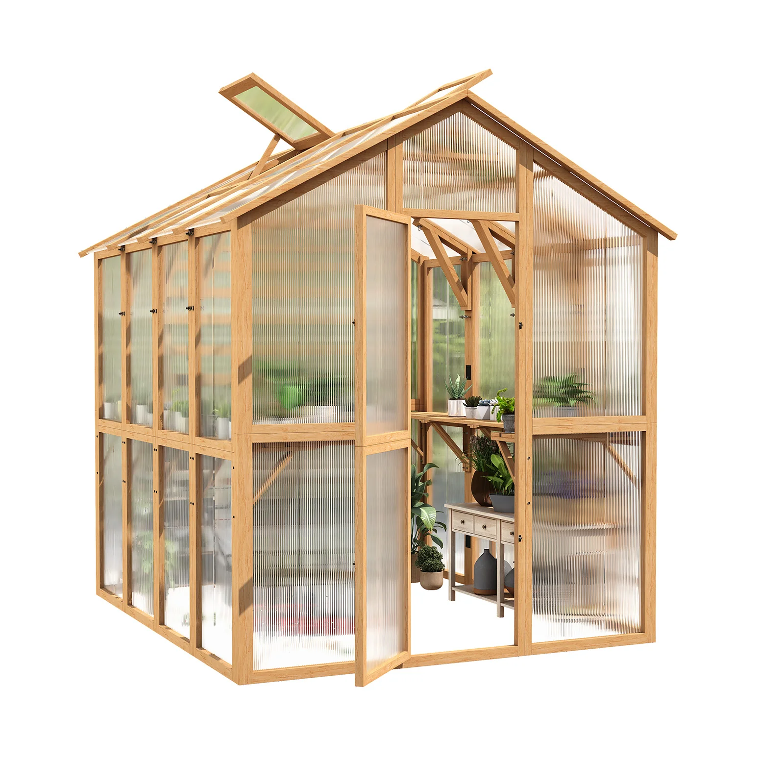 AECOJOY 6x7 FT Wooden Greenhouse for Outdoors, Walk-in Garden Greenhouse with Plant Stand, Lockable Door