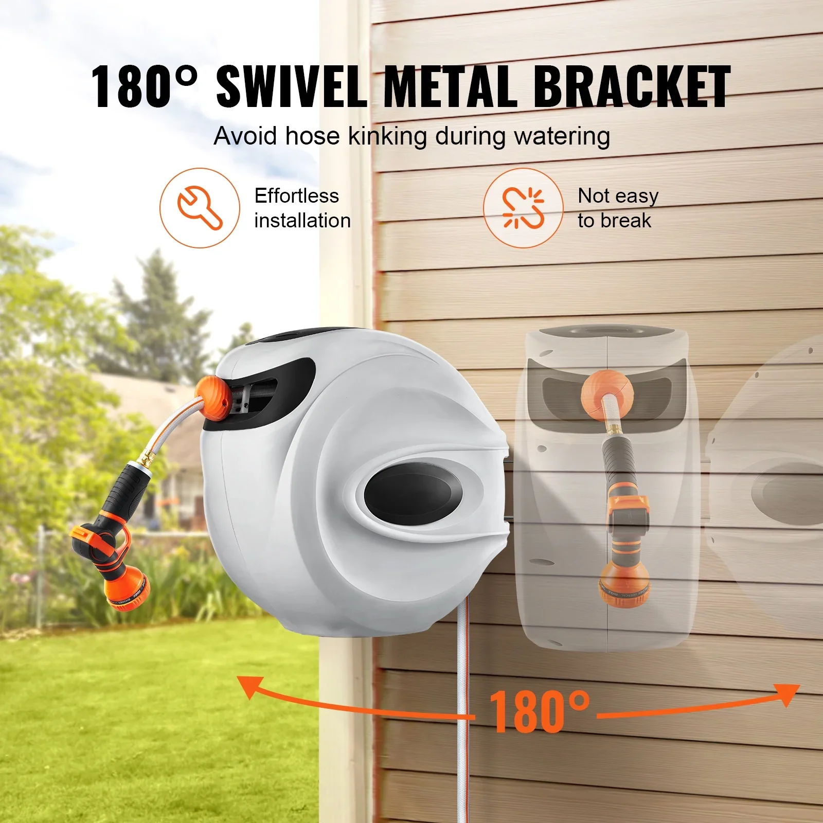 BENTISM Retractable Hose Reel, 115 ft x 1/2 inch, 180�� Swivel Bracket Wall-Mounted, Garden Water Hose Reel with 9-Pattern Nozzle, Automatic Rewind, Lock at Any Length, and Slow Return System