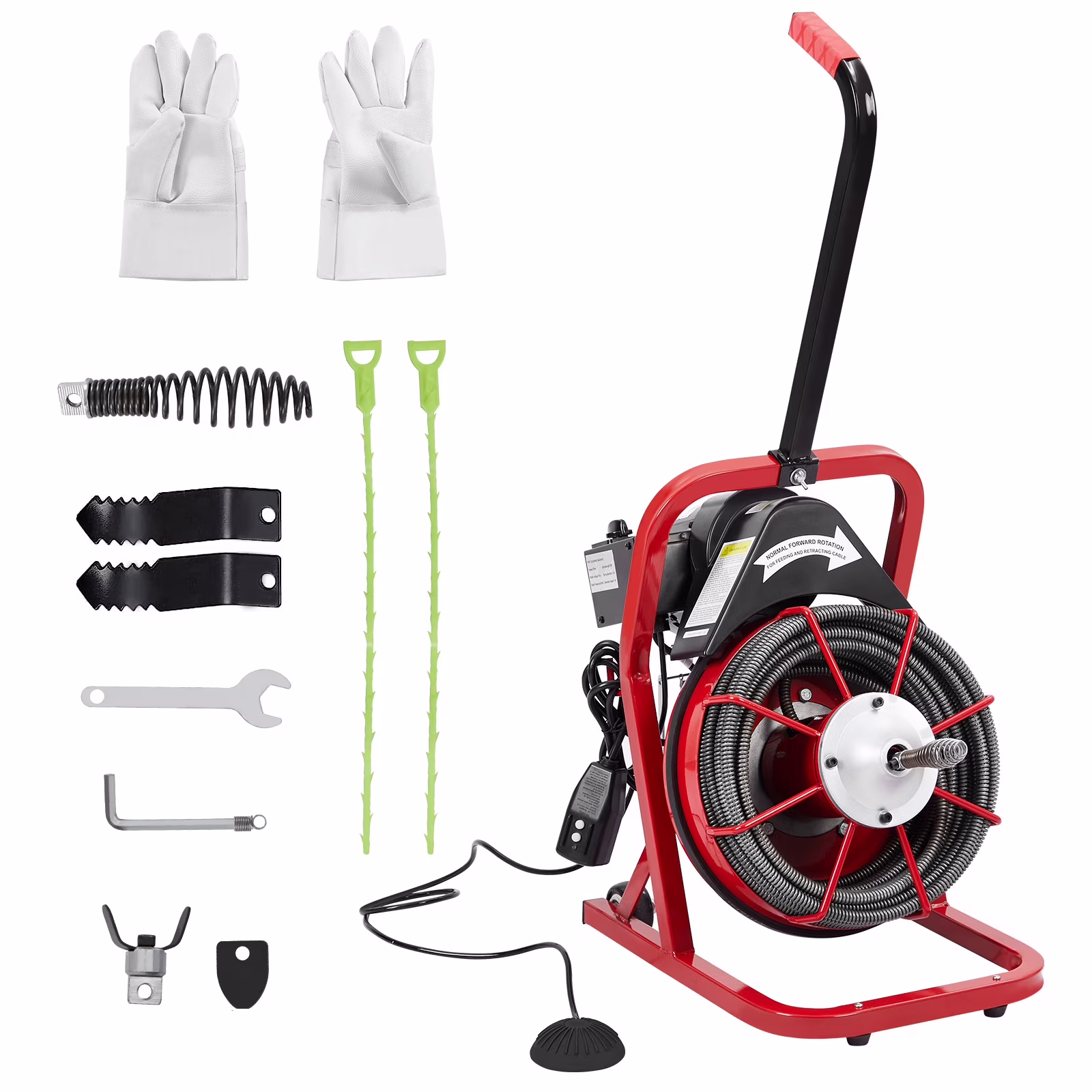 Electric Drain Cleaner Machine, Drain Auger 50Ft X 1/2 Inch for Sewer Clean, Electric Drain Snake for 1 to 4 Inch Pipes, Drain Sewer Auger with Foot Switch, Protective Gloves, 4 Cutter Blades(50FT x 1/2 Inch-K300/Red) - Image 3