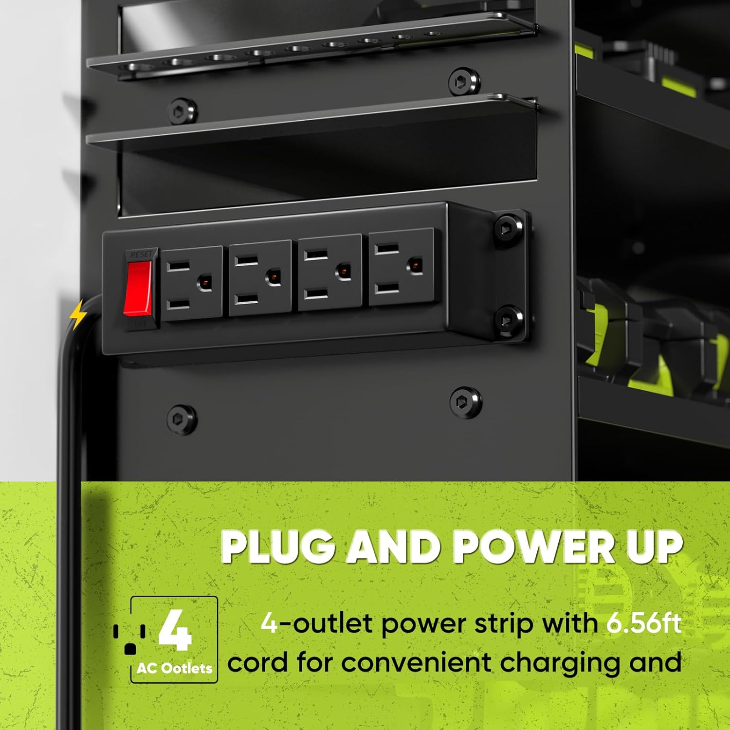 POKIPO Large Power Tool Organizer Wall Mount with Charging Station, 4 Layer Heavy Duty Metal Tool Storage Rack, Loads 600lbs with 8 Cordless Drill Holders, Battery Utility Rack, Loads with 4 Power Strips
