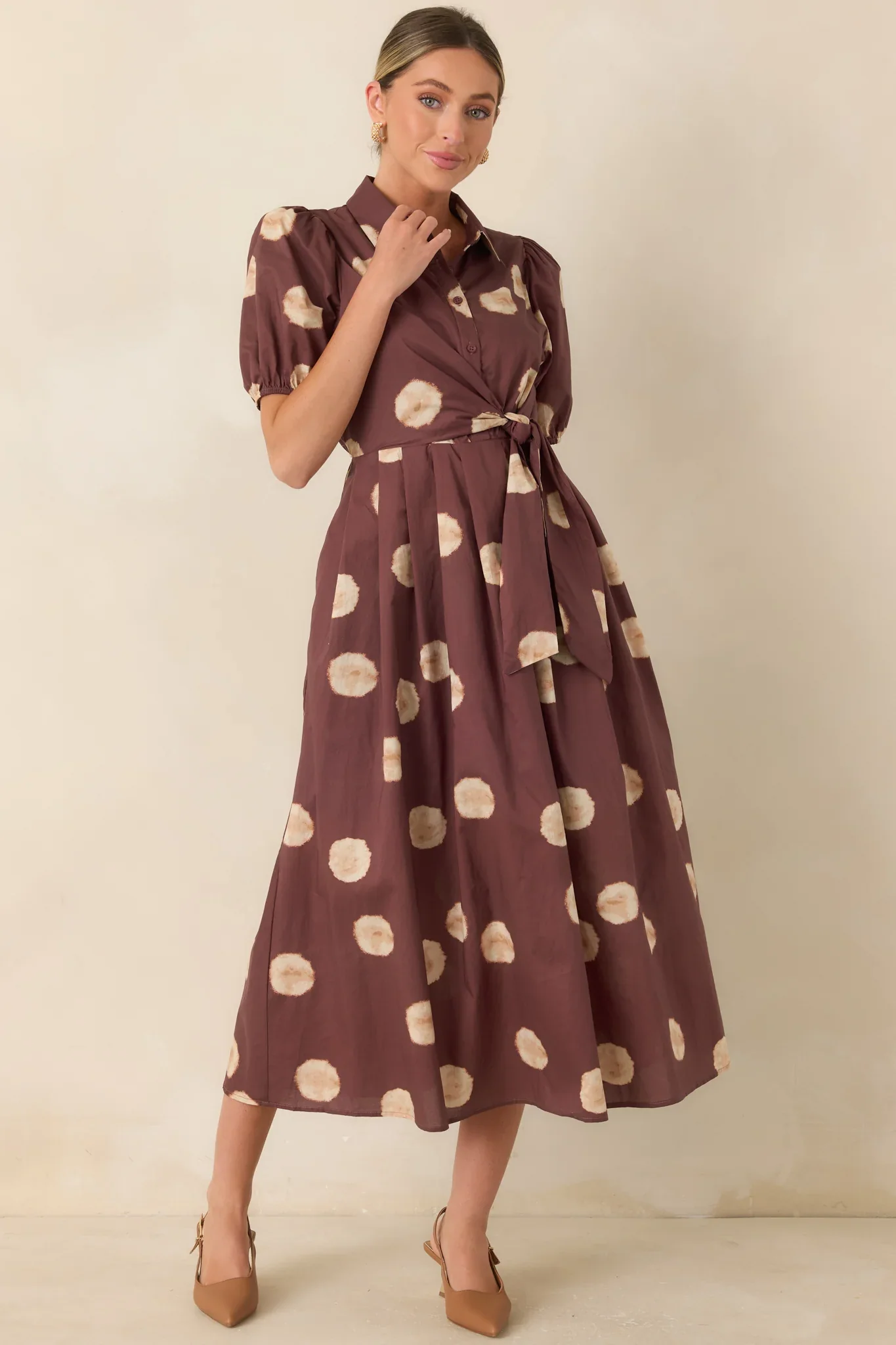 Gather Around Rust Brown Dot Print Cotton Midi Dress
