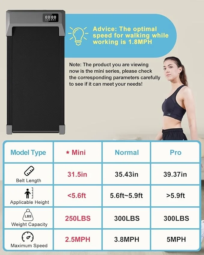 250lb Walking Pad, 0.6-2.5 mph Speed Range 1.2HP Quite Under Desk Treadmill, 2 in 1 Treadmill for Home/Office Exercise with Remote Control, Portable Treadmill with LED Display(Black)(20.24 in/Black-Belt Size 80CM/4.13 in) - Image 8