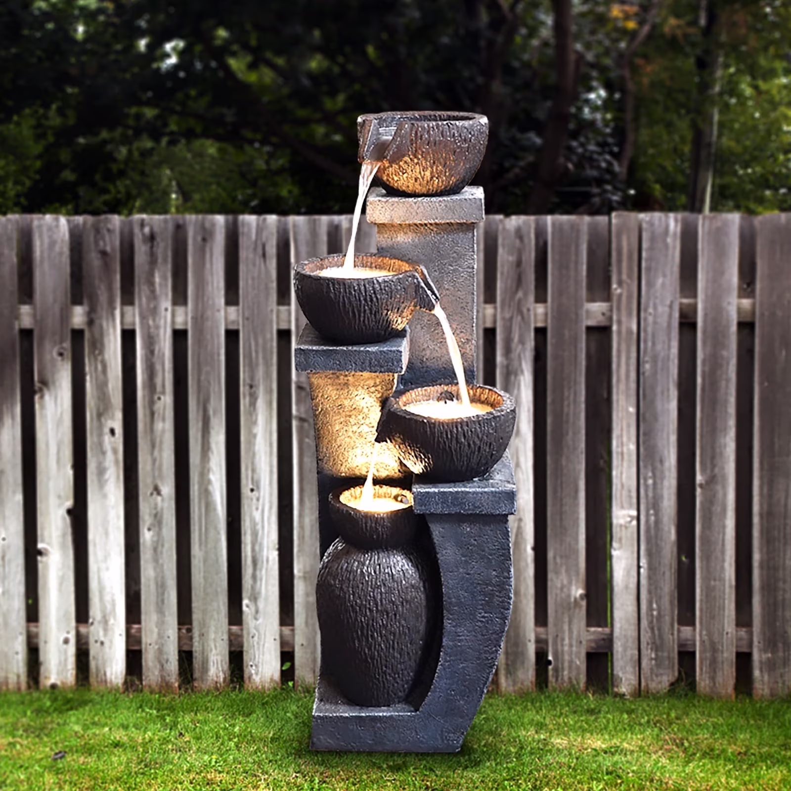Outdoor Water Garden Fountain 37.40����H Waterfall Small Fountains Cascading Bowl and Jar Water Feature with LED Light for Backyard Patio Porch and Home Art Decor