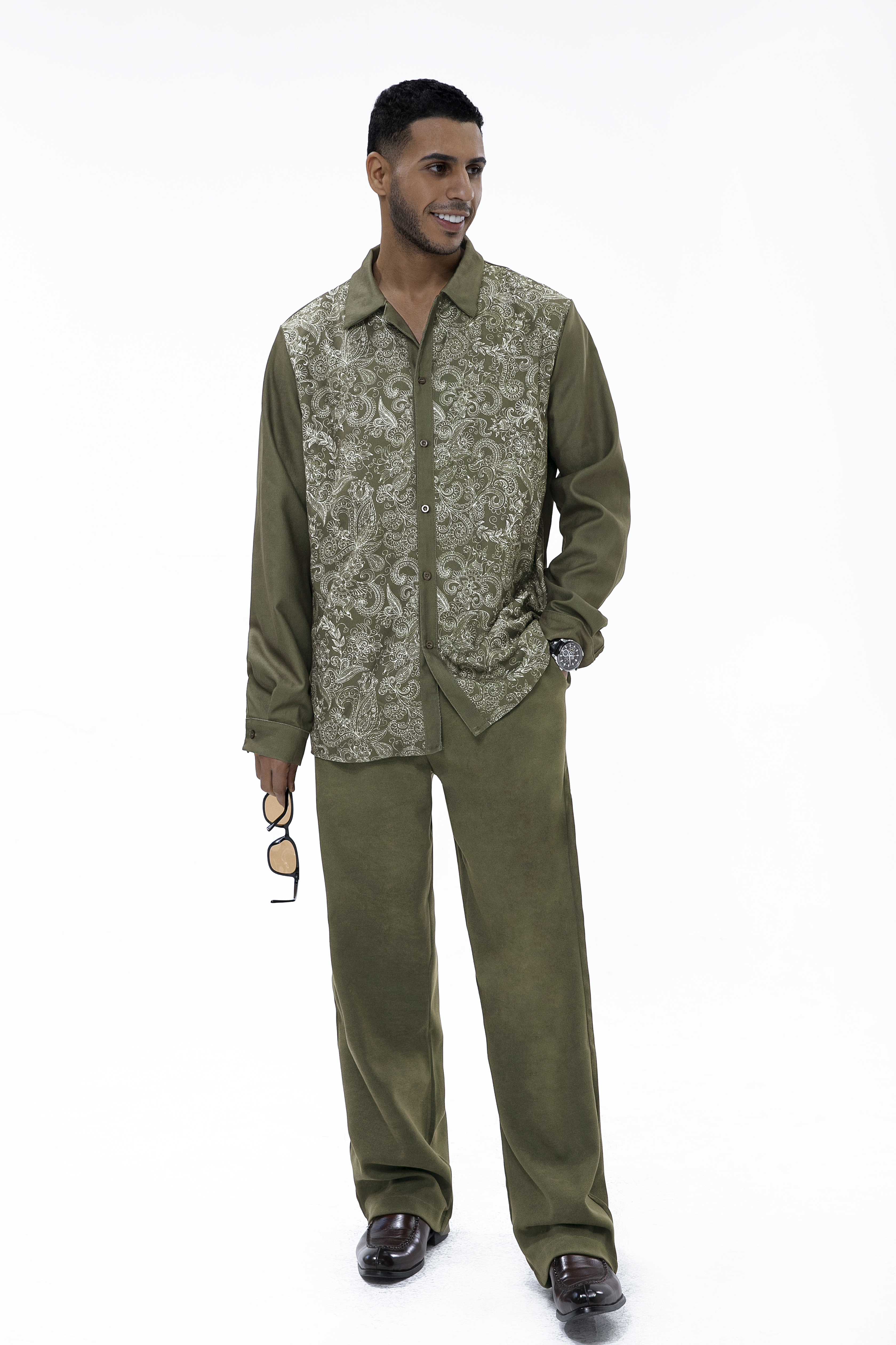 Ensemble de marche deux pièces Suitmens à manches longues et pantalon vert fleur de cajou
