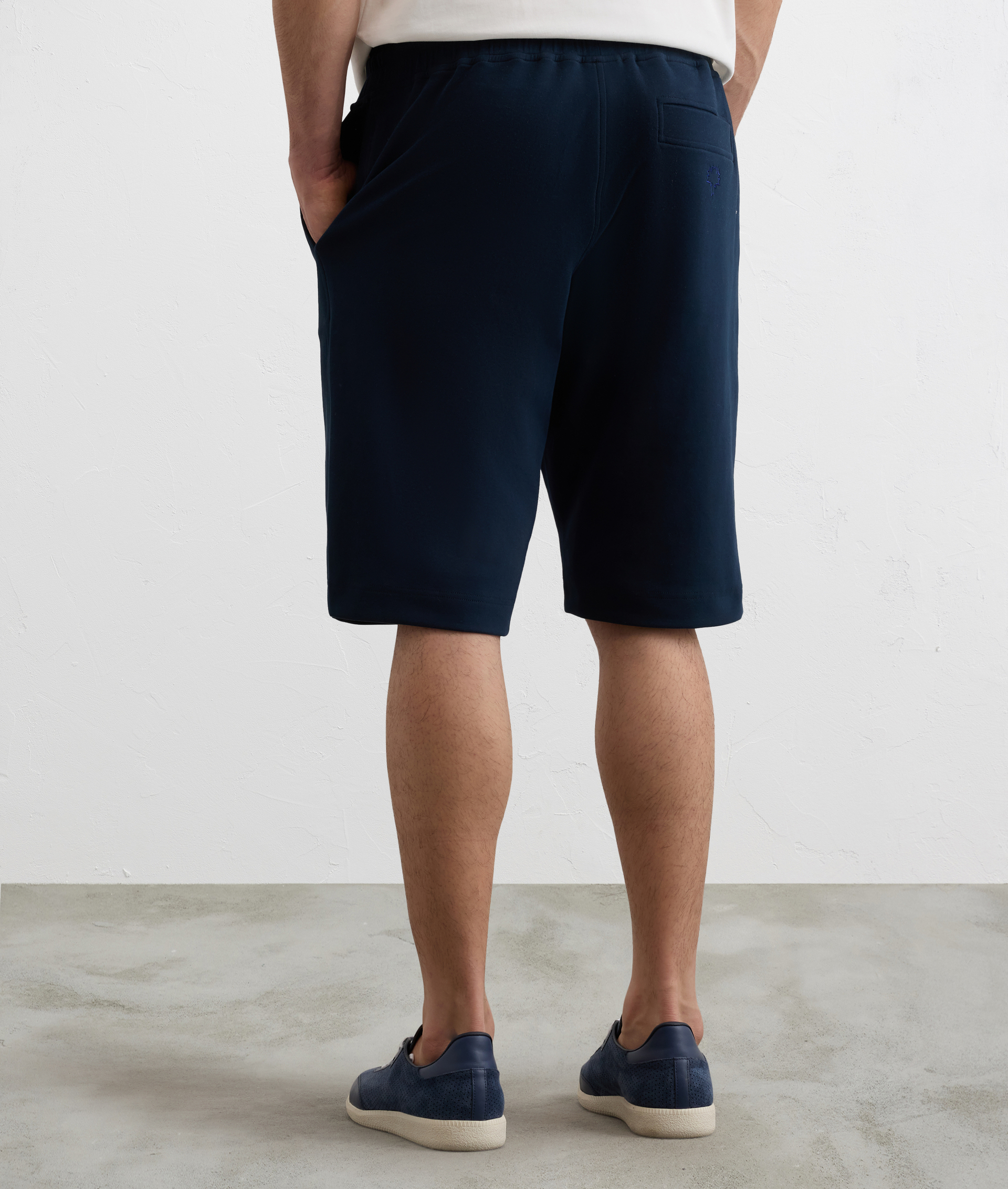 NAVY BLUE PEACH EFFECT FLEECE SHORTS WITH TREE EMBROIDERY UNDER BACK POCKET