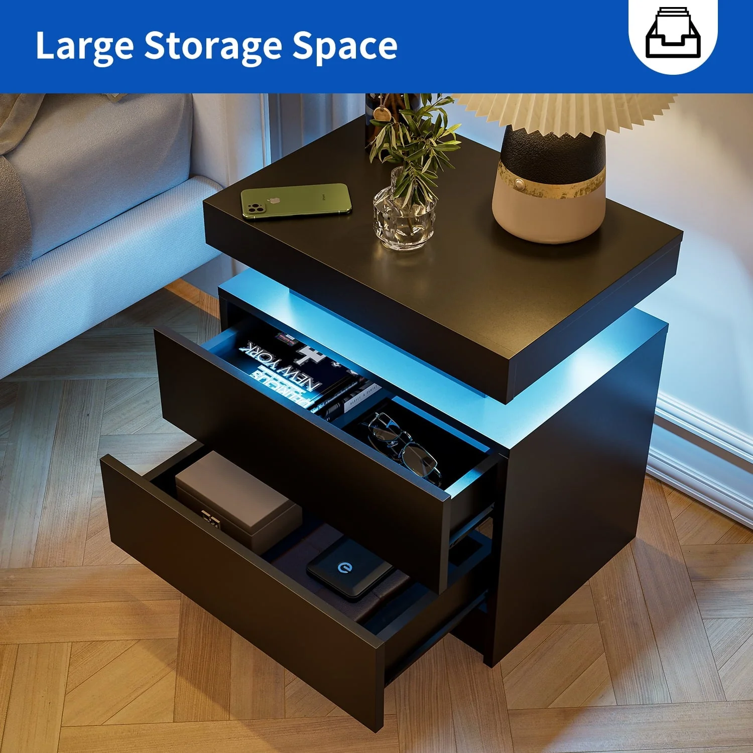 LED Nightstand Set of 2, Modern Bedside Table with 2 Drawers Storage Space, Adjustable Colors LED Light, Black(Black) Image 10