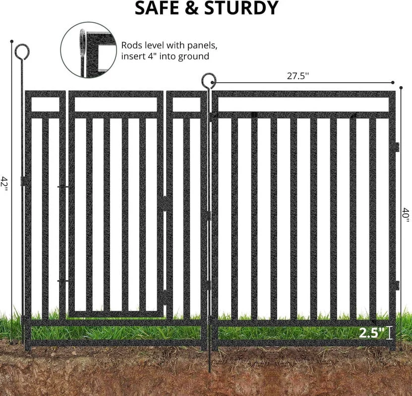 Petorldog Decorative Garden Fence Metal Dog Fence Outdoor for Yard, 36ft (L) x 40in (H), 14 Panels + 2 Gates, No Dig Fence for Patio | Black-Silver