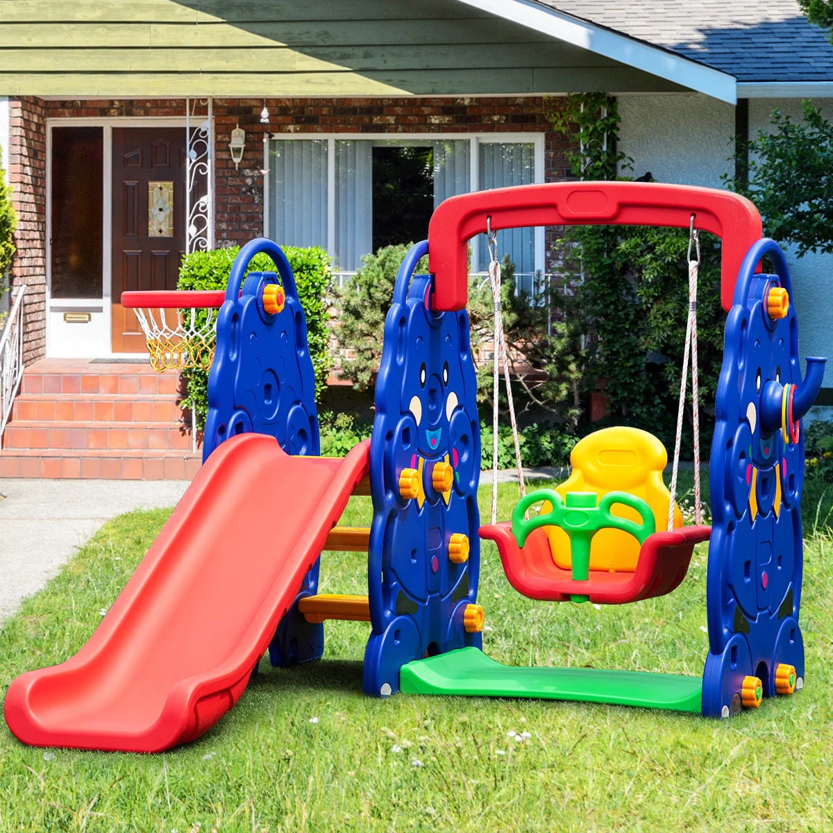 3 in 1 Junior Children Climber Slide Swing Seat Basketball Hoop Playset Backyard - Image 2