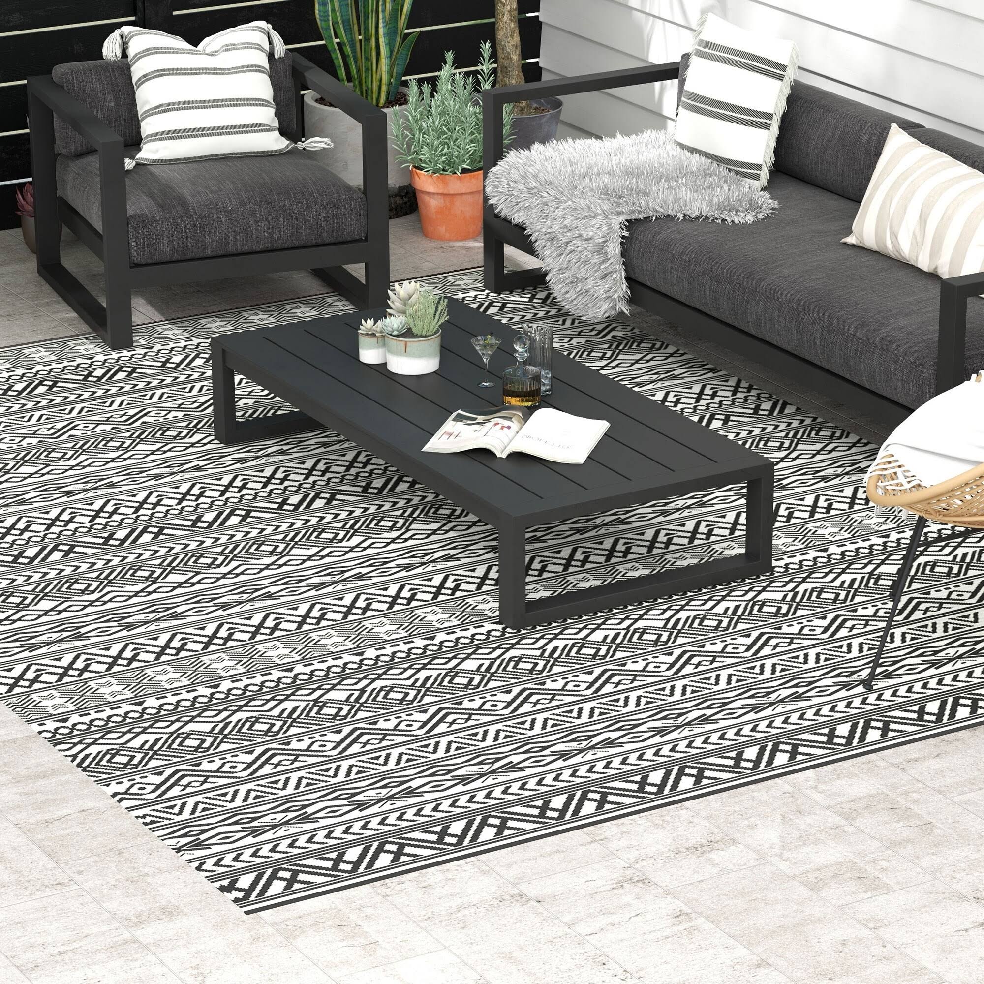 Outsunny Outdoor Rug & Bag, 9' x 12' Plastic Rug, Gray Cream Boho