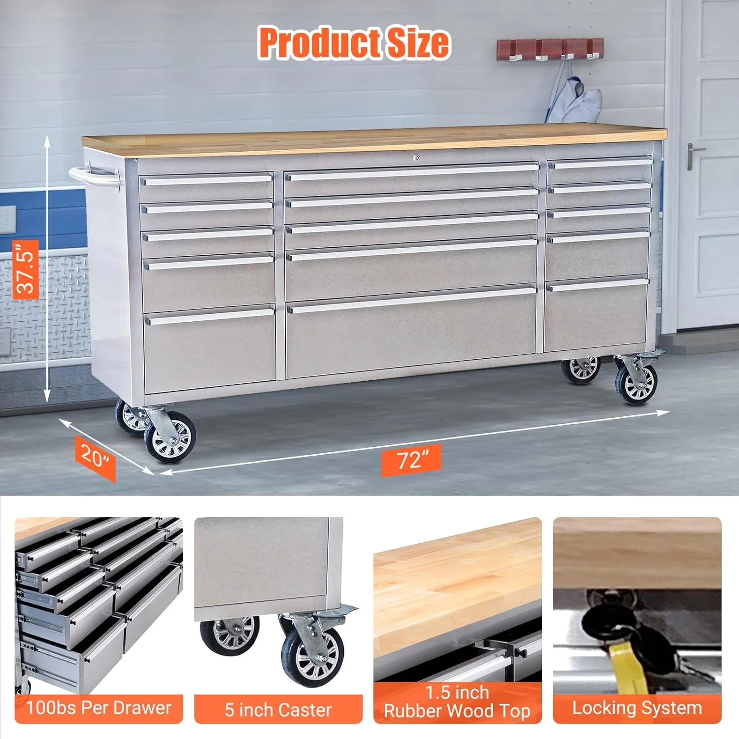 Kojooin 72 - Inch Rolling Tool Cabinet, Large Rolling Tool Chest with 15 - Drawer and Mobile Workbench, Heavy Duty Steel Storage Cabinet with Locking System for Warehouse, Garage, Basement