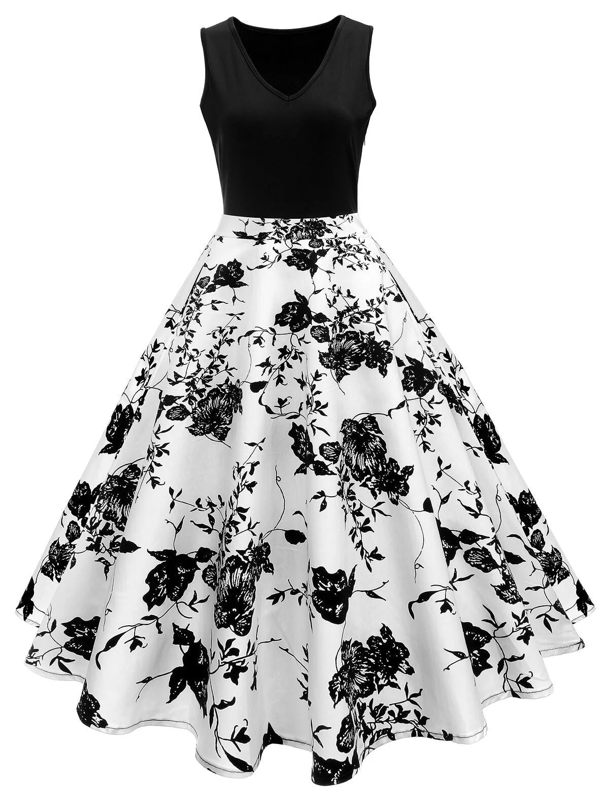 Robe cocktail vintage des années 1950 à ligne A et imprimé floral