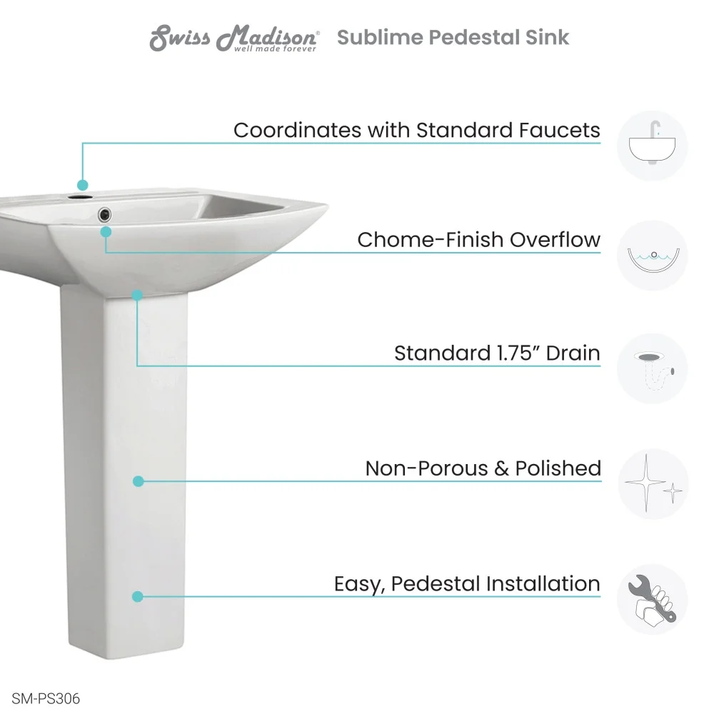 Pedestal Bathroom Sink Square Single Faucet Hole(White) - Image 5