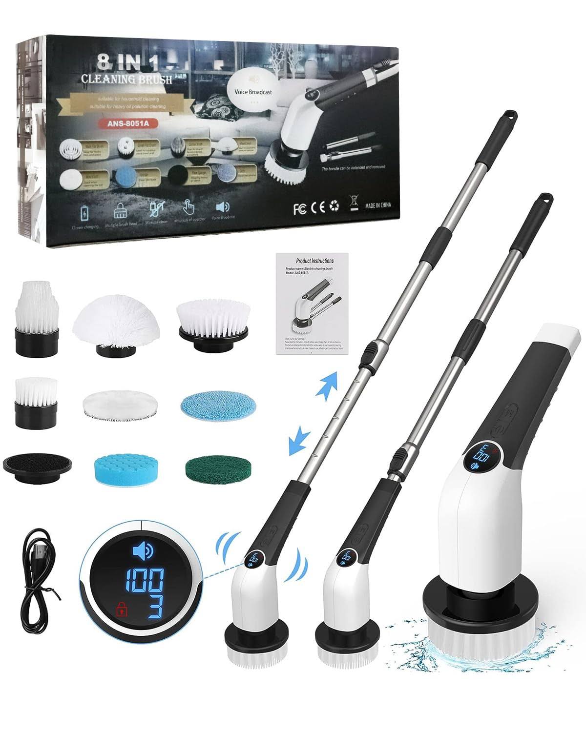 Electric Spin Scrubber, Cordless Shower Cleaning Brush with 8 Replaceable Brush Heads, 3 Adjustable Speeds, Detachable & Extendable Long Handle
