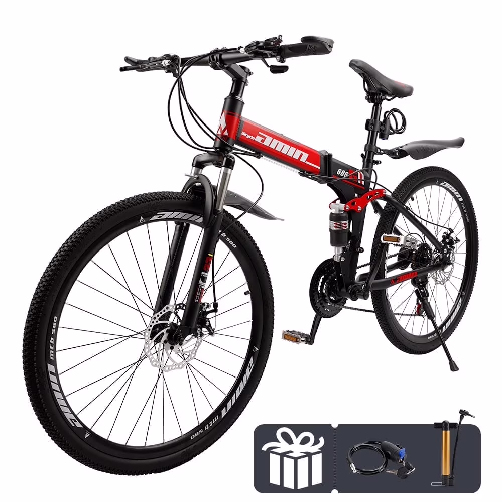 Folding Mountain Bike 26 Inch 21 Speed Dual Disc Brake Adult Red(Red)