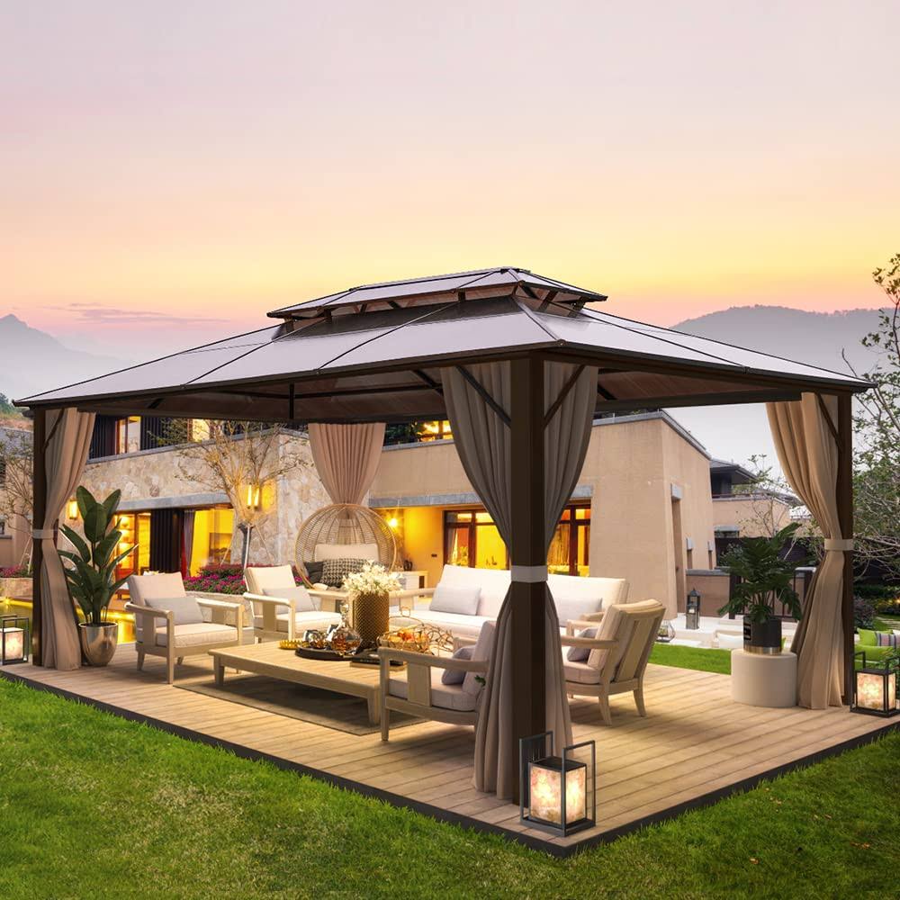 Yoleny 10'x13' Outdoor Polycarbonate Double Roof Hardtop Gazebo Canopy Curtains Aluminum Frame with Netting for Garden, Patio