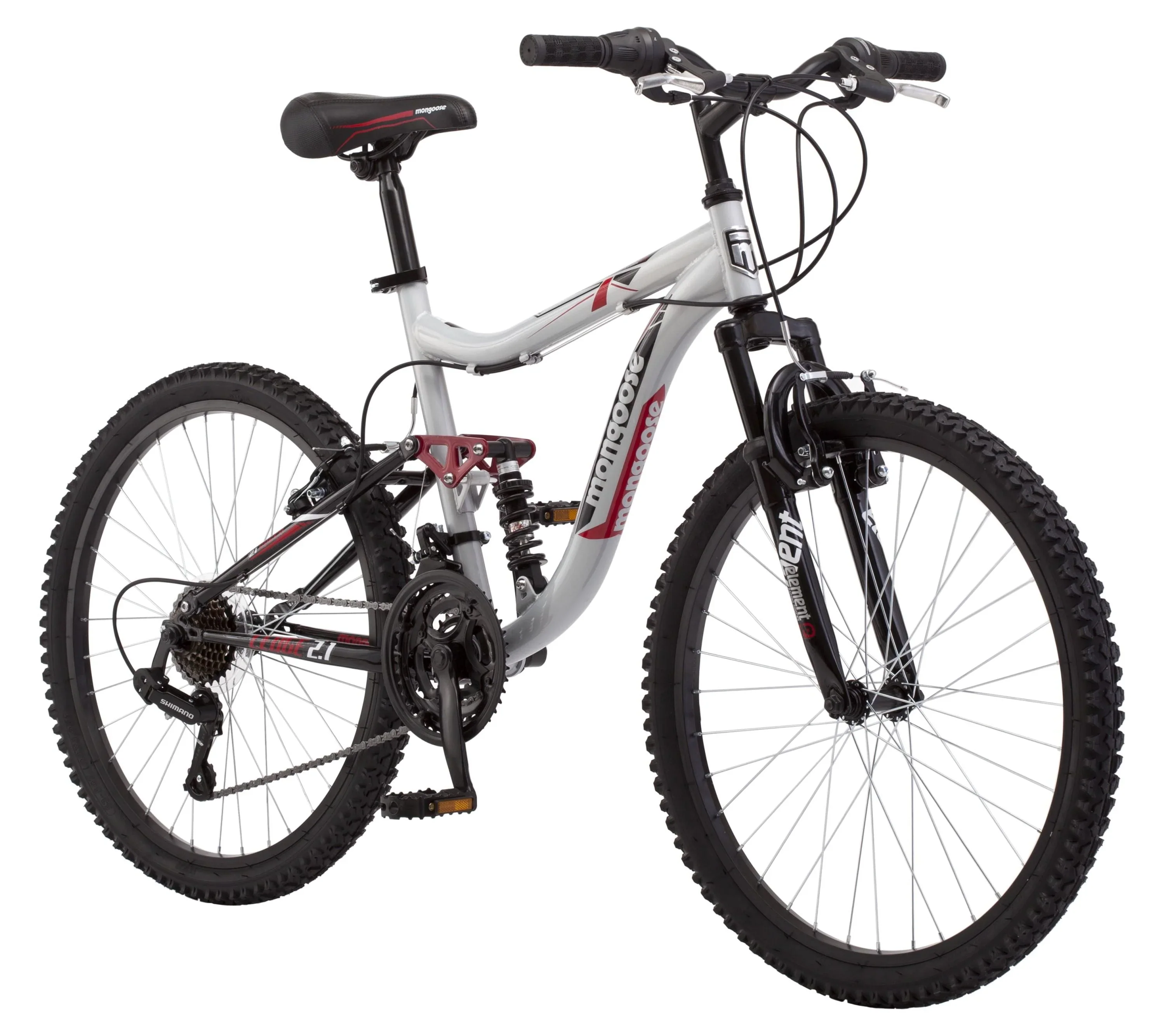 Mongoose Ledge 2.1 Mountain Bike, 24-inch wheels, 21 speeds, boys frame, Silver/Red