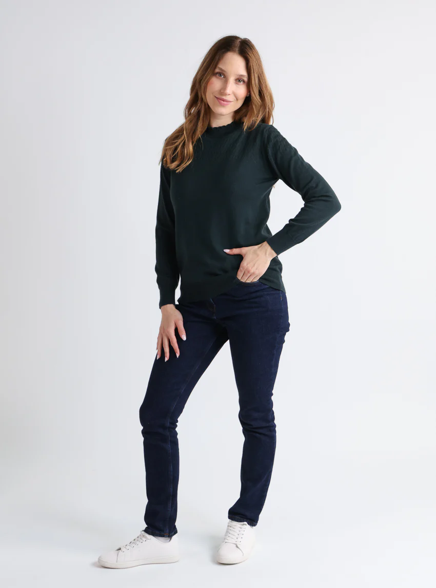Pull femme col et maille fantaisie en laine merinos vert