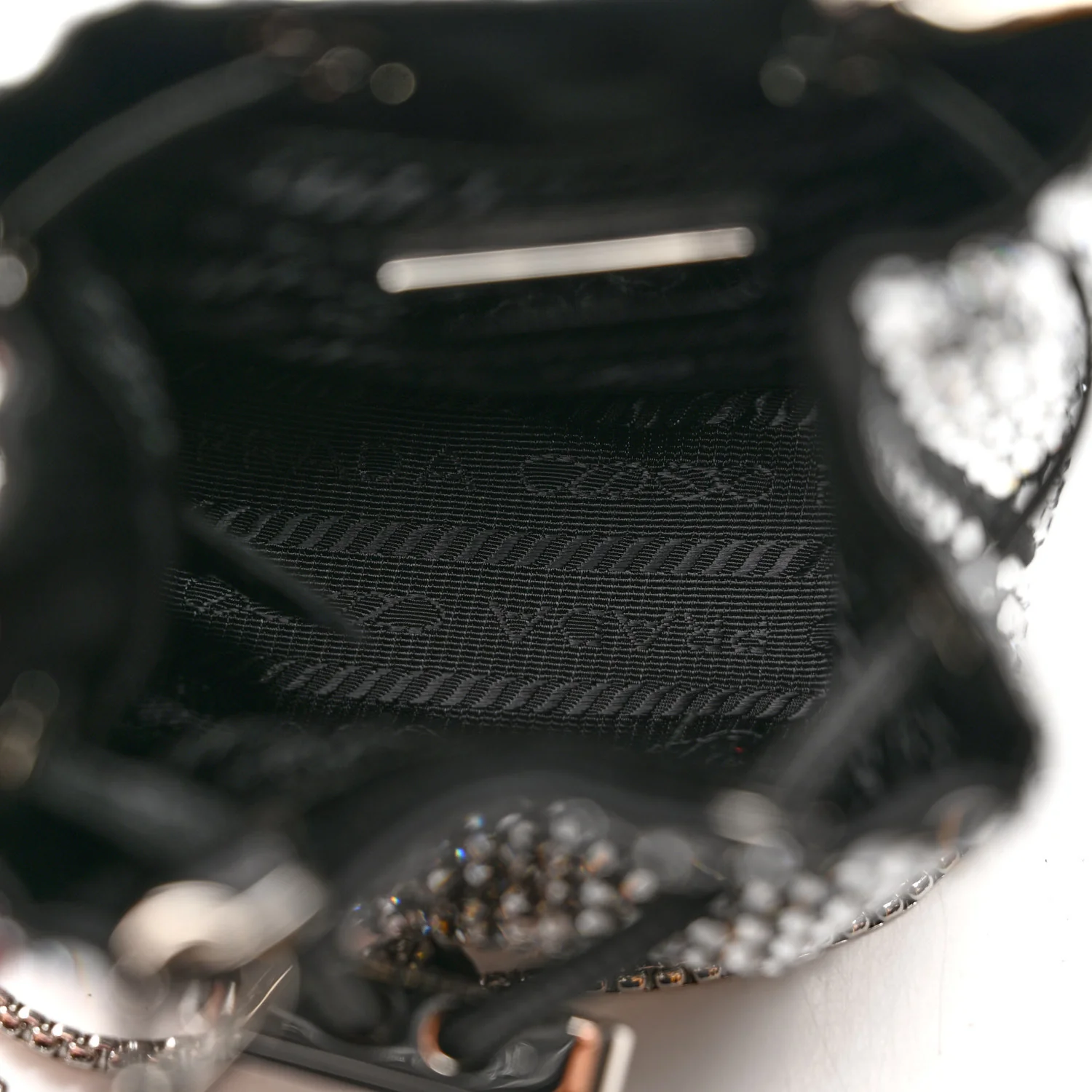 Satin Crystal Metal Triangle Logo Mini Drawcord Pouch Shoulder Bag Cristal