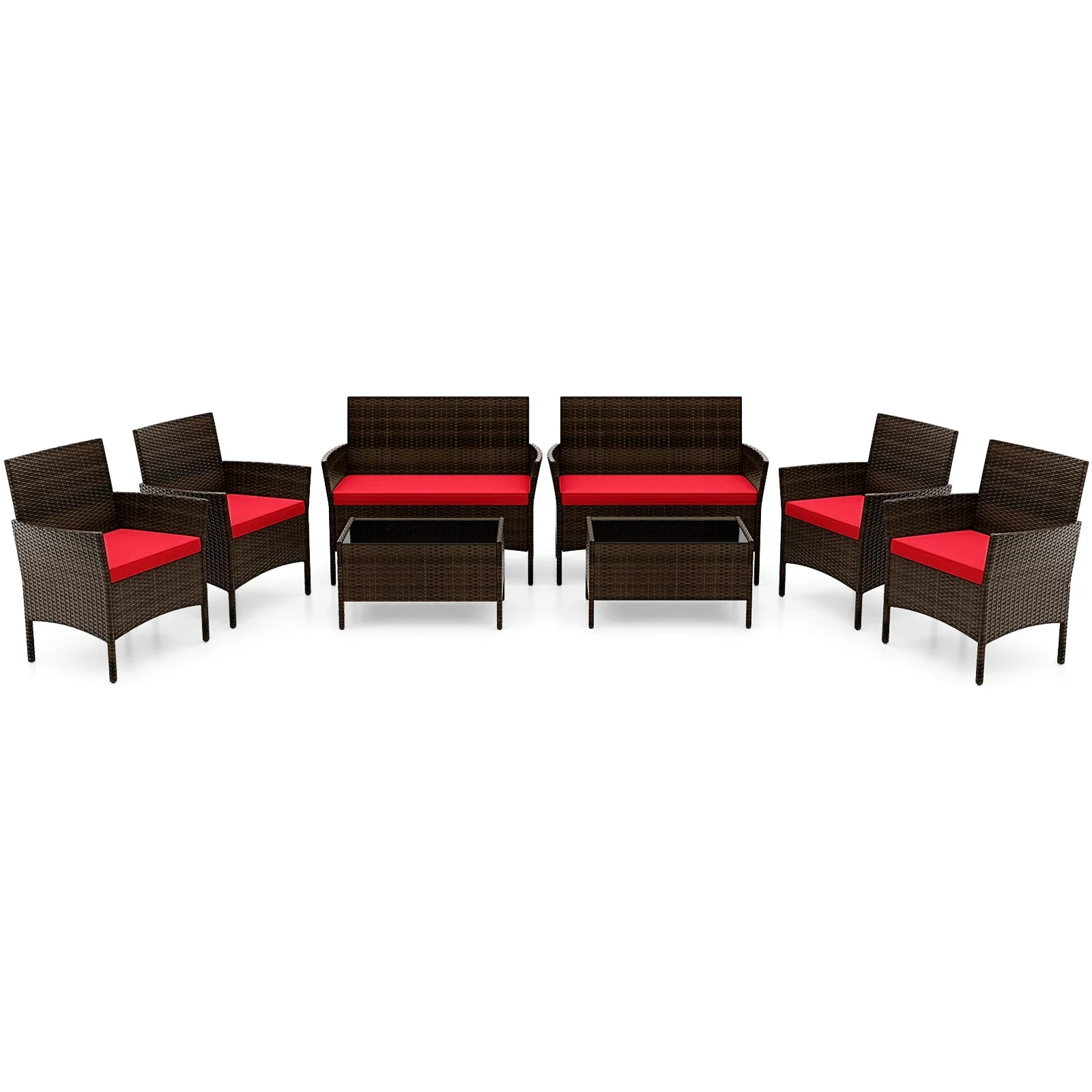 Costway 8PCS Patio Rattan Furniture Set Cushioned Sofa Coffee Table Backyard Porch Red