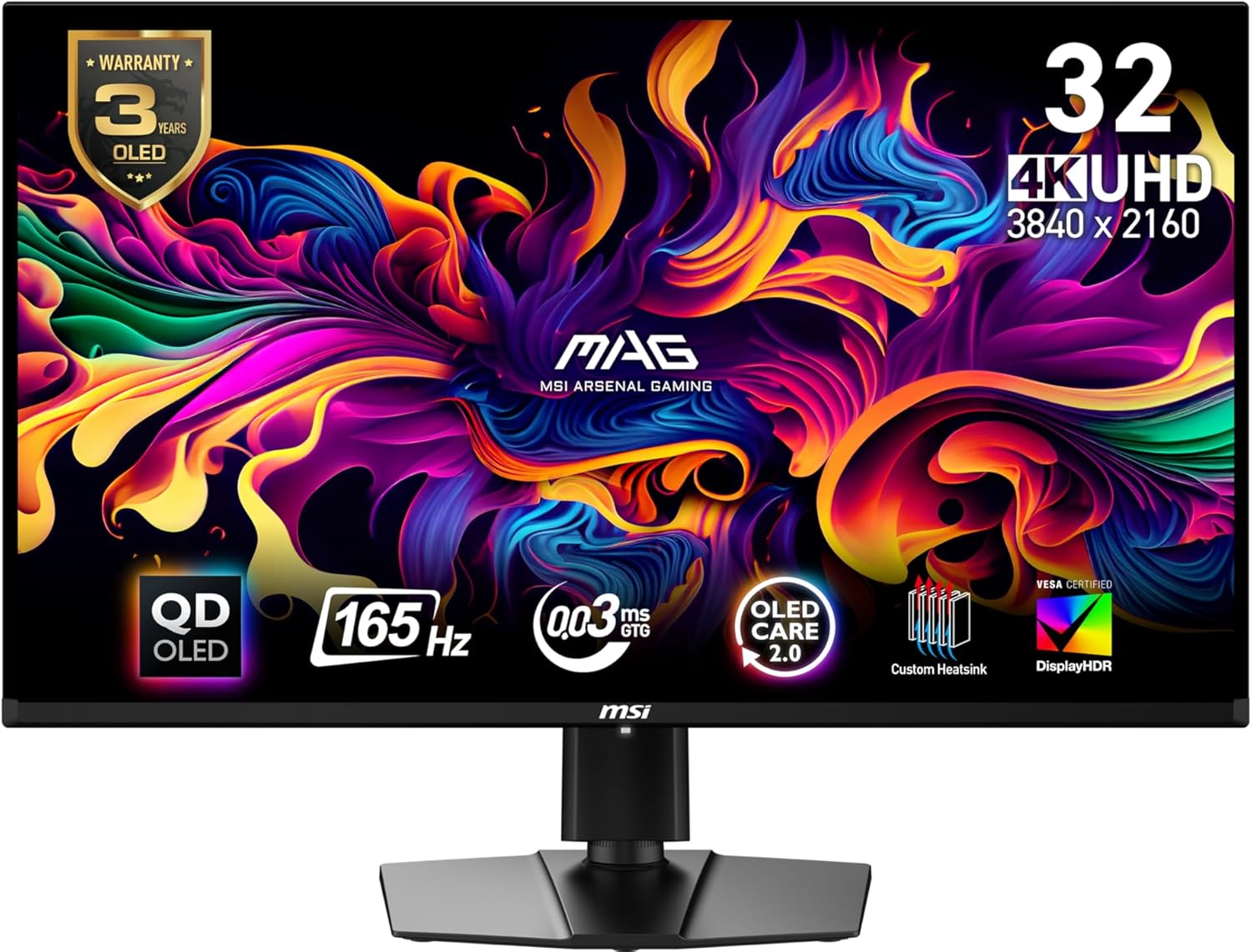msi MAG 321UP QD-OLED 32-inch QD-OLED 3840 x 2160 (UHD) Computer Monitor  165Hz  Adaptive-Sync  HDMI  Display Port  VGA Port  VESA Mountable  Tilt  Height Adjustable  Speaker  0.03ms  Black