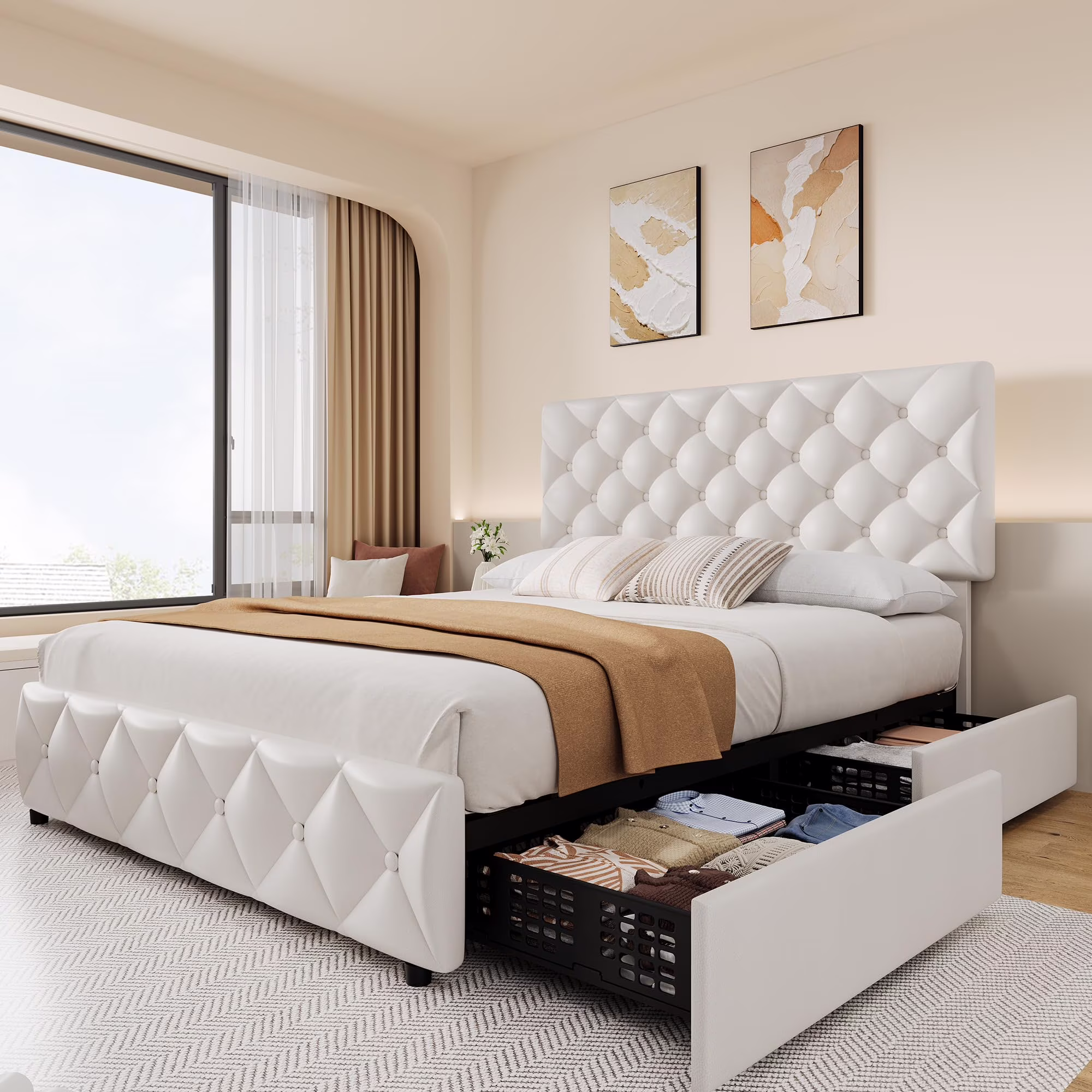 TROPOW Full Size Bed Frame, with 4 Storage Drawers and Adjustable Headboard, Linen Upholstered Platform Bed Frame, Diamond Stitched Button Tufted, No Box Spring Needed, White