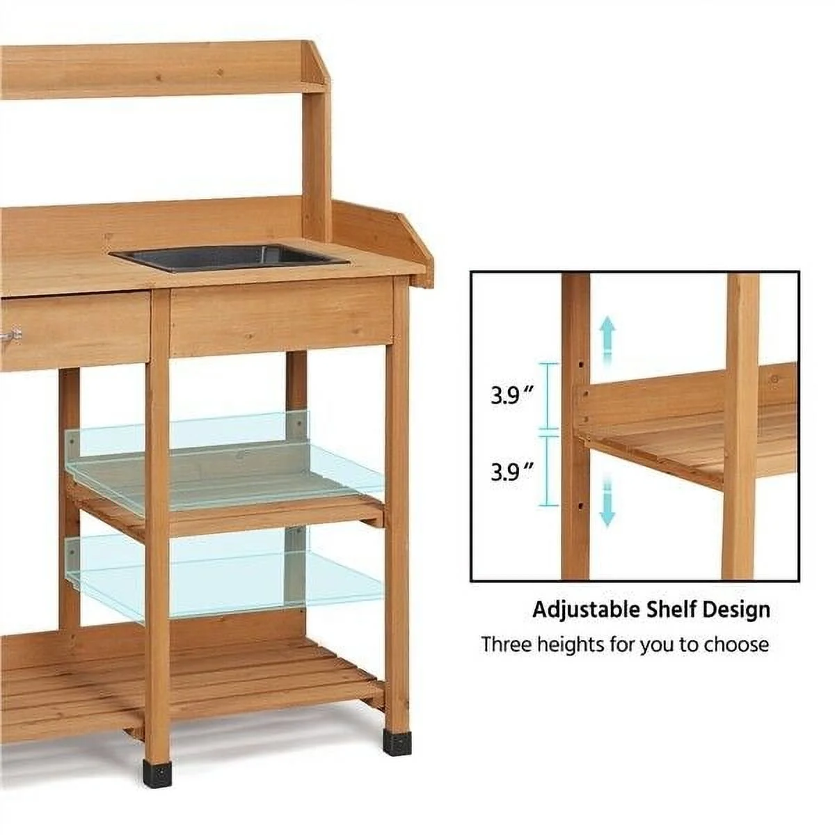 Potting Bench Outdoor Garden Work Bench Station Planting Solid Wood Construction for Horticulture w/Sink Drawer Rack Shelves Natural Wood - Image 9