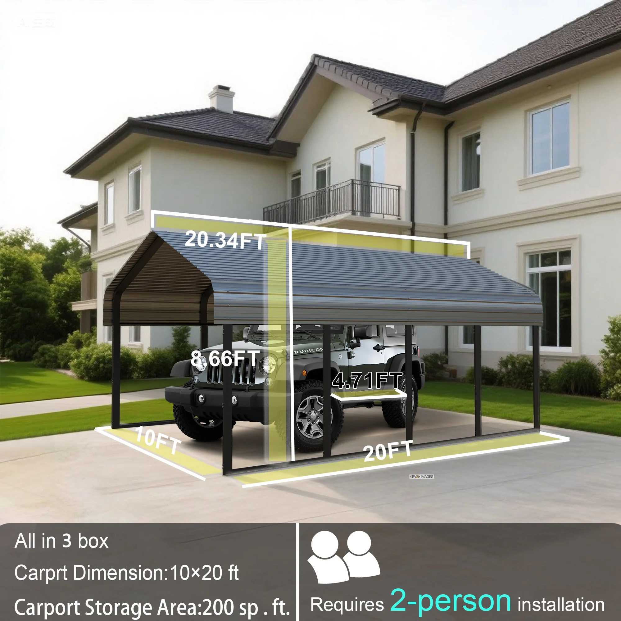10x20 FT Heavy Duty Metal Carport - Galvanized Steel Frame & Roof, All - Weather Protection for Cars, Suvs, Trucks, Rvs, Boats | UV Resistant, Rust - Resistant, Portable Shelter