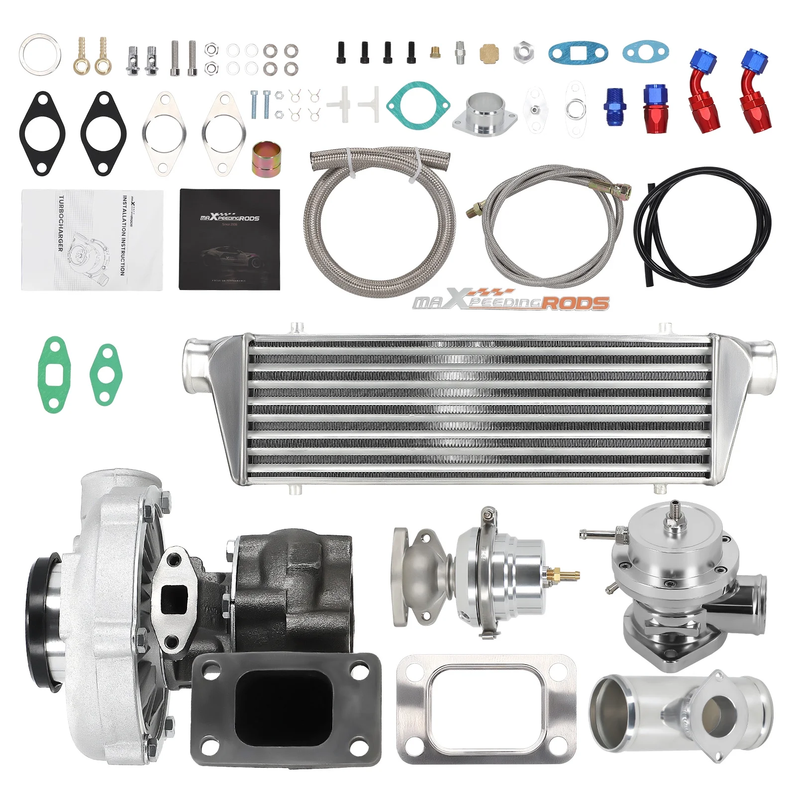 T3 T4 T04E Universal Turbo Turbocharger+Wastegate+ Intercooler+BOV+ Oil Line Kit - Image 6