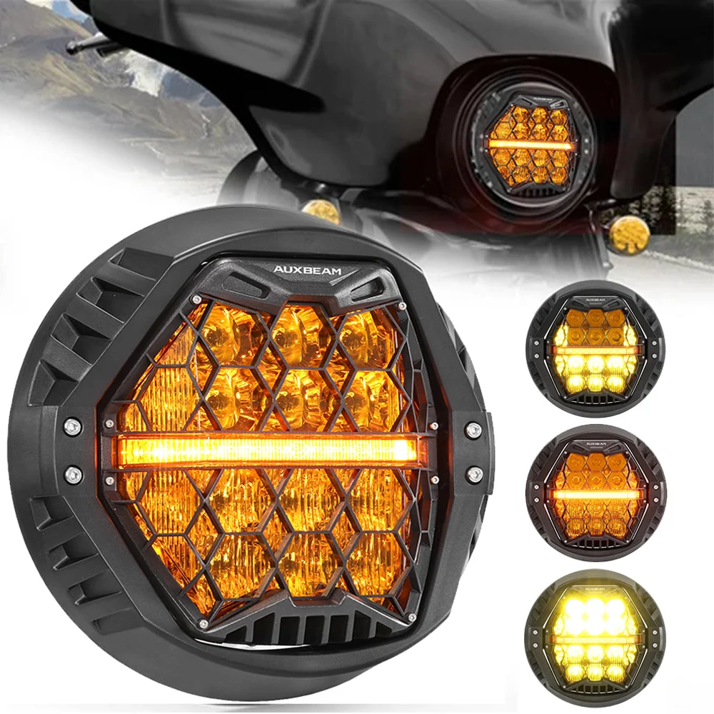 7 Inch 120W DOT Motorcycle LED Headlight Assembly with Amber DRL & Honeycomb Design (Hi/Lo Beam) for Harley-Davidson Touring/Softail Models/Kawasaki Vulcan Mean Streak