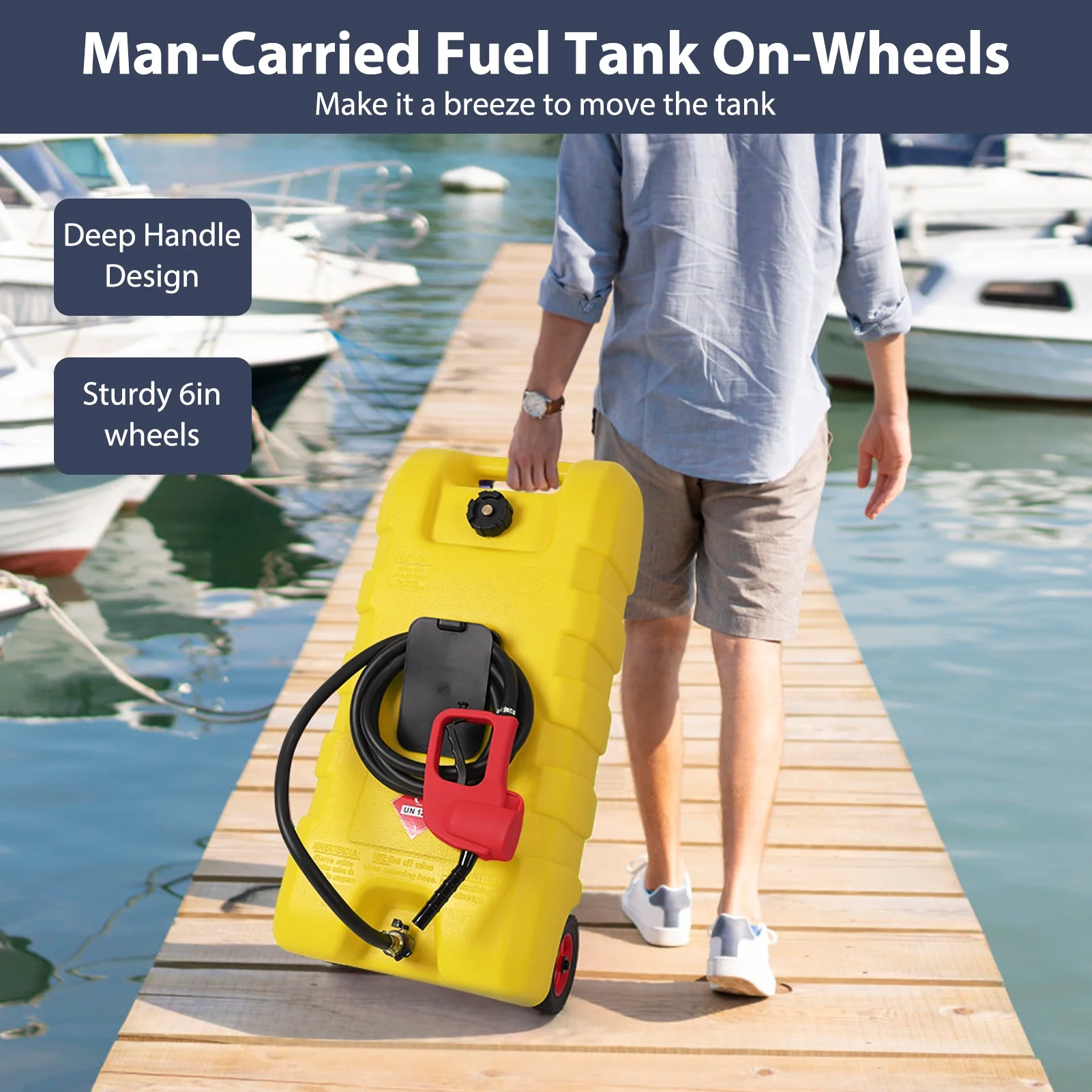 15 Gallon Fuel Caddy, Portable Gas Fuel Tank Container with LE Fluid Transfer Siphon Pump and 10ft. Delivery Hose, Diesel Storage Can On-Wheels for Cars, Lawn Mowers, ATVs, Boats, Yellow(Yellow) - Image 8