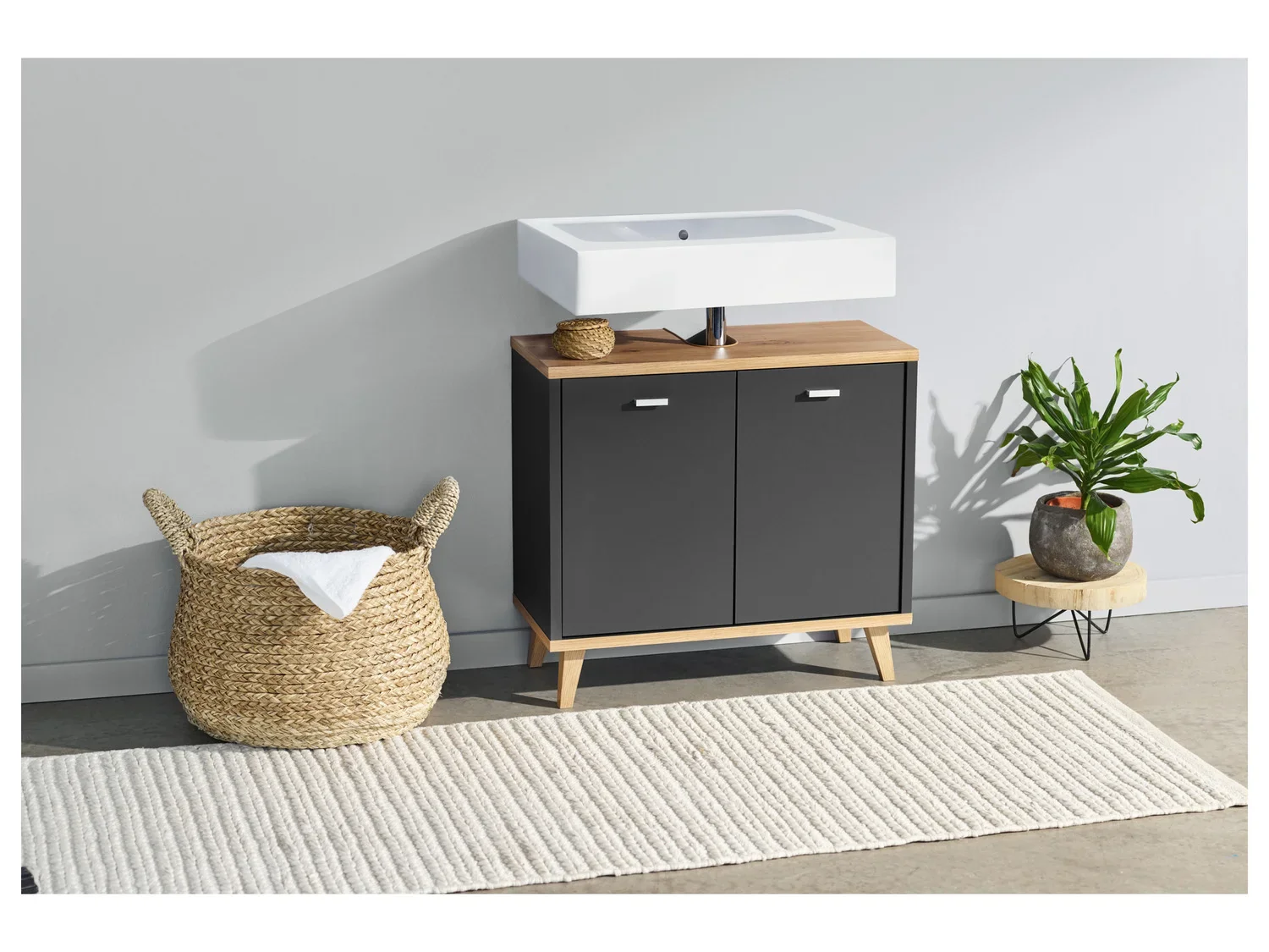 LIVARNO home Meuble sous vasque Corfou, 60 x 55 x 28 cm, anthracite/imitation chne