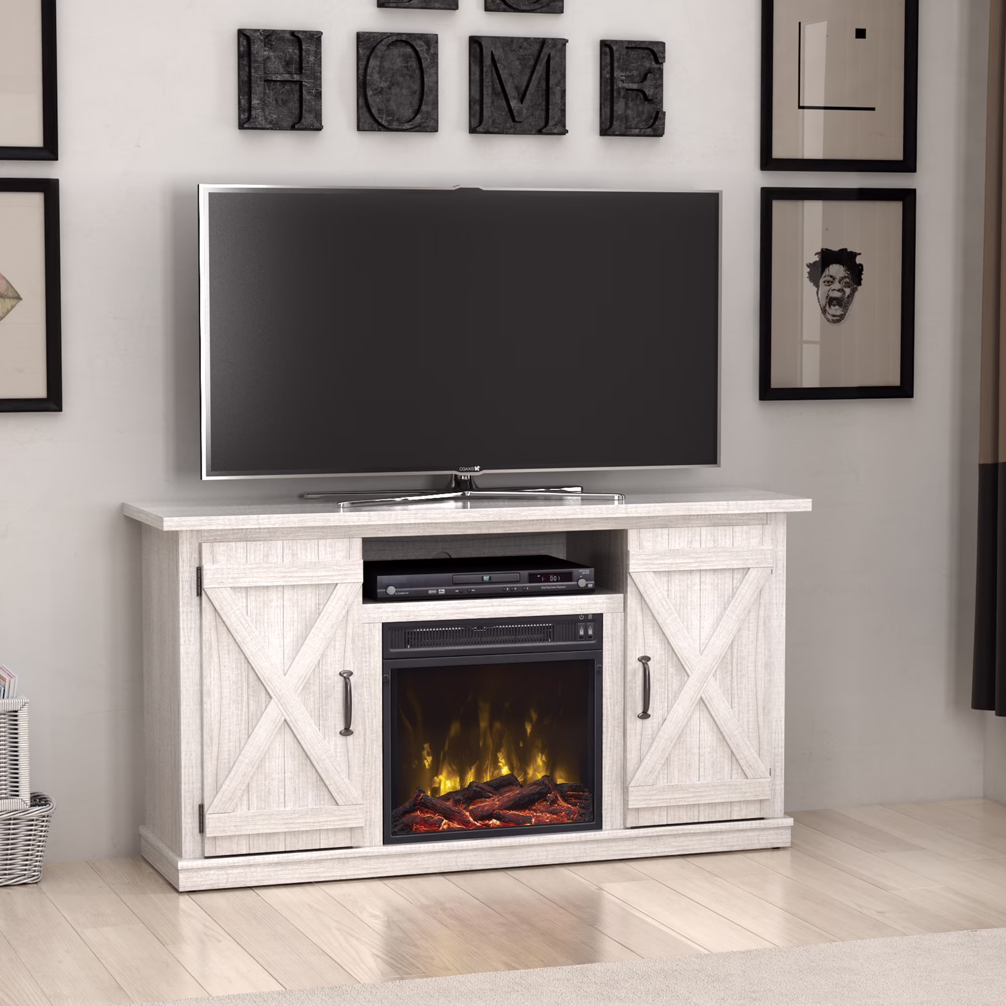 Barn Door TV Stand for TVs up to 55" with ClassicFlame Electric Fireplace, Sargent Oak(Sargent Oak)
