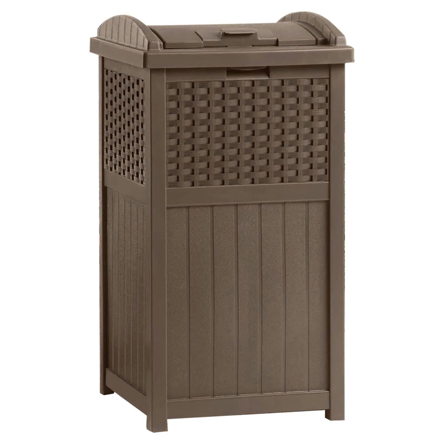 Suncast 77 Quart Patio Cooler W/ Cabinet and Basket W/ Wicker Trash Hideaway