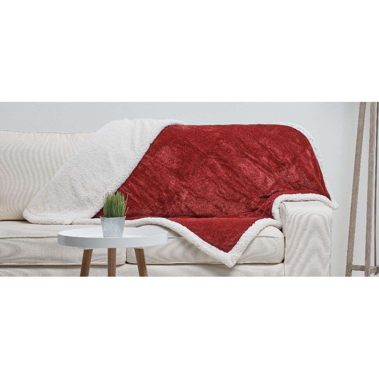 Plaid polaire réversible imitation fourrure rouge et blanc