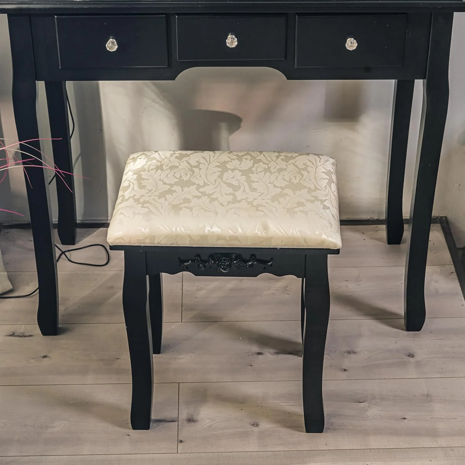 Vanity Desk,Makeup Vanity,with Mirror and Lights,Vanity Desk with Mirror and Lights, Wood Makeup Dressing Table Stool with Oval Mirror 3 Colors Lighting Modes Modern,Black - Image 5