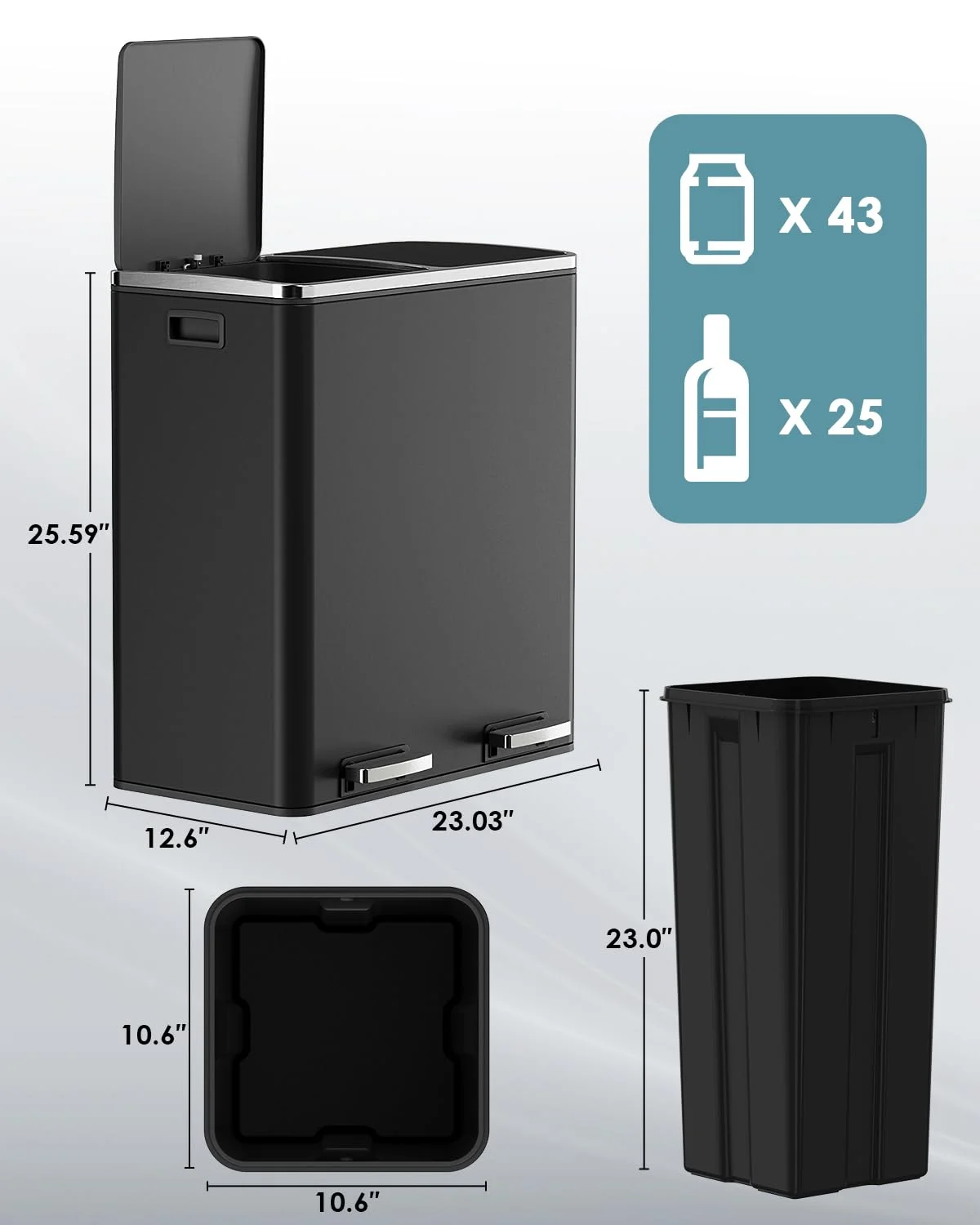 60 L/16 gal Dual Trash Can, Stainless Steel Garbage Can for Kitchen, Recycle Bin with Lid(Black) - Image 2