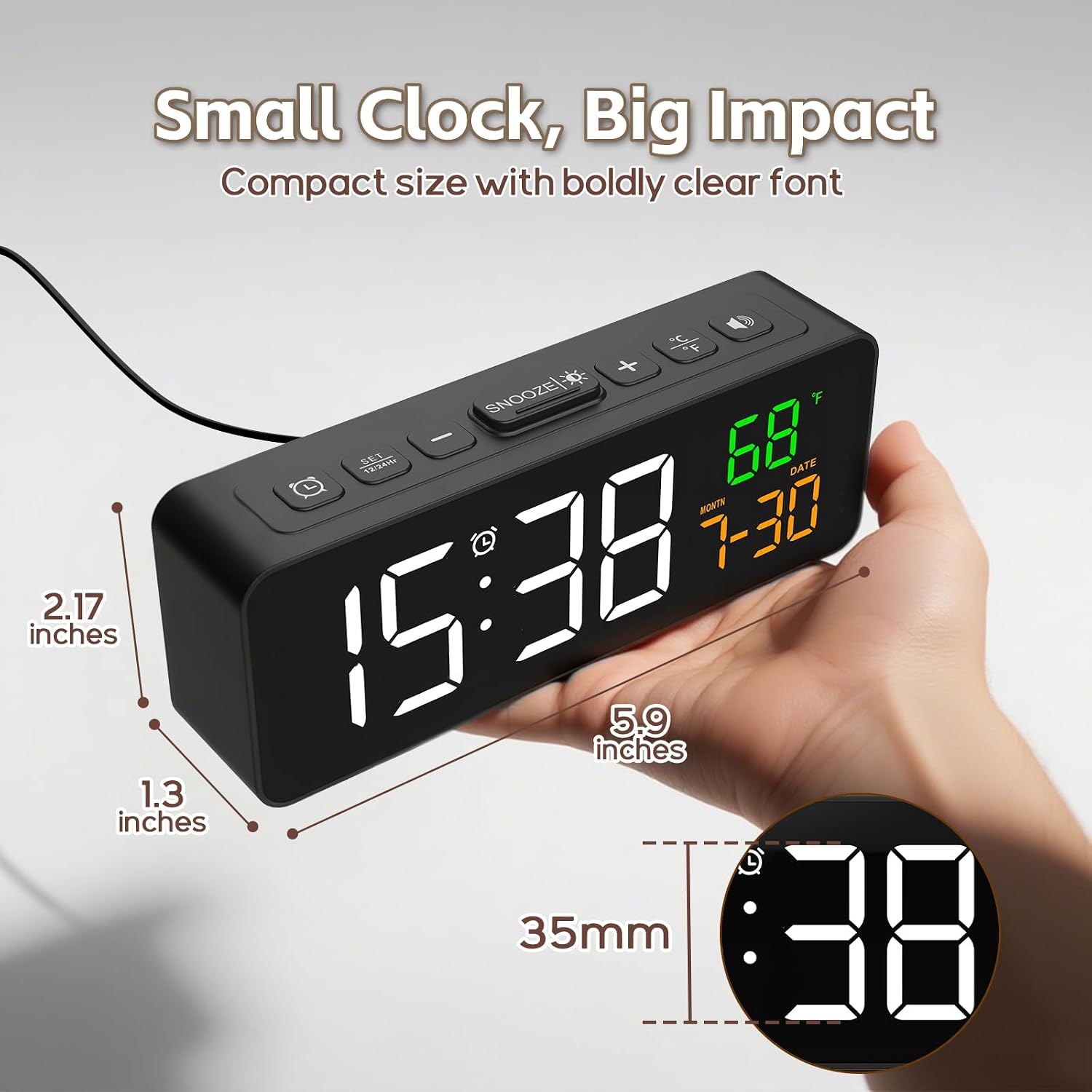 Netzu 3-in-1 Digital Clocks for Living Room, Small & Compact Alarm Clock| Temperature, Date & Time Display, 4 Brightness Levels, 3 Volume Levels, Plug-in, for Bedroom, Office