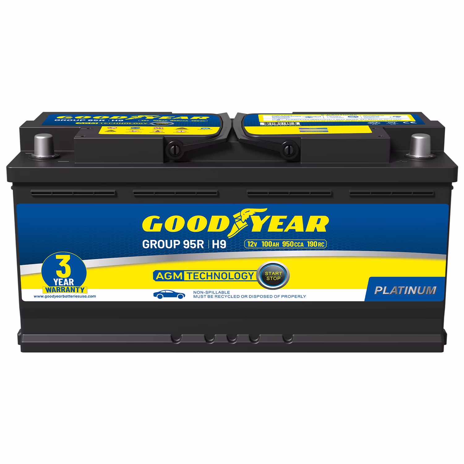 95R-H9-AGM BCI Group Size 95R 12V 100 AH, 190RC, 950 CCA Platinum series Rechargeable AGM Maintenance Free Automotive Battery
