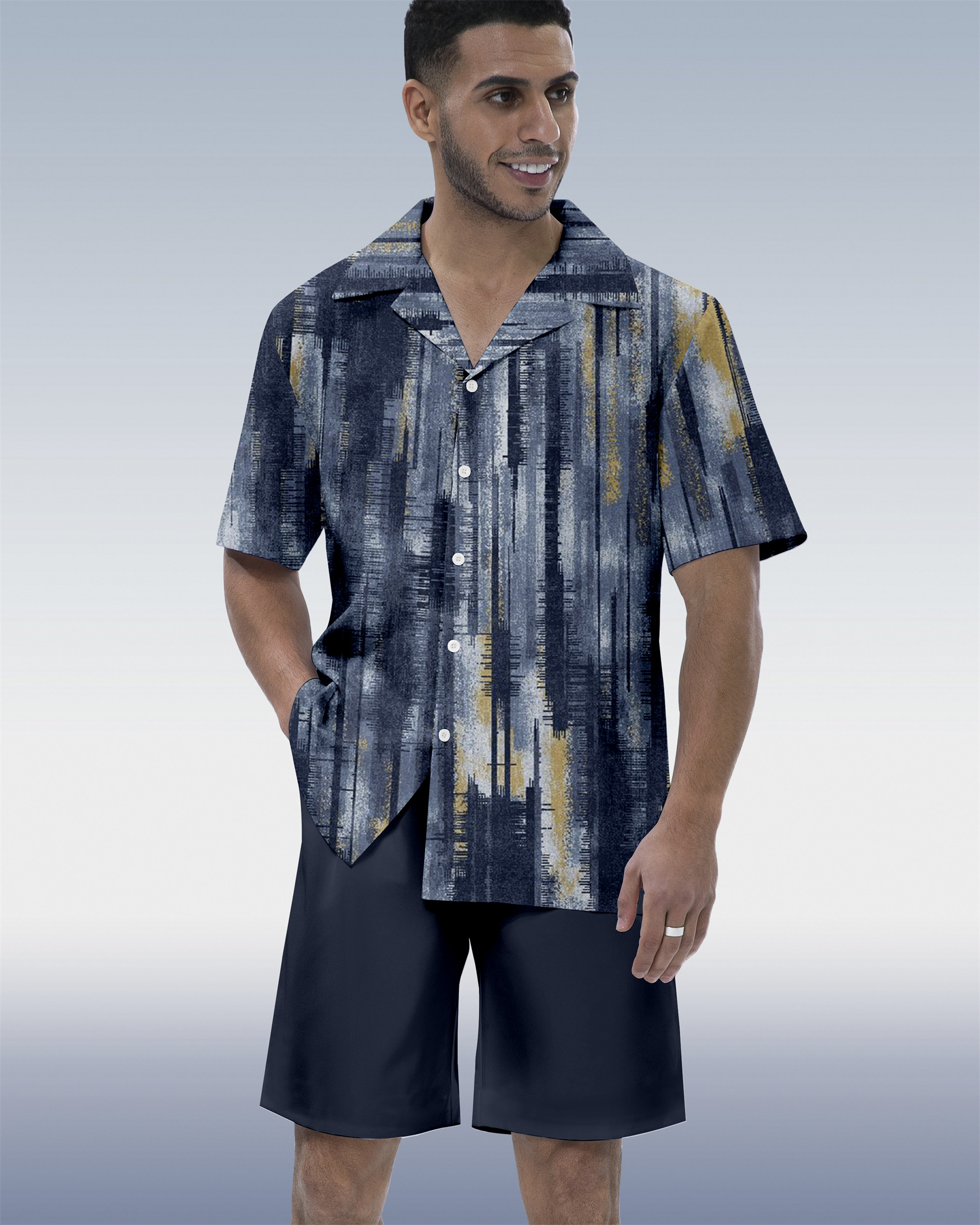 Ensemble chemise à manches courtes et col cubain pour homme, idéal pour les vacances au bowling (réf. 065)