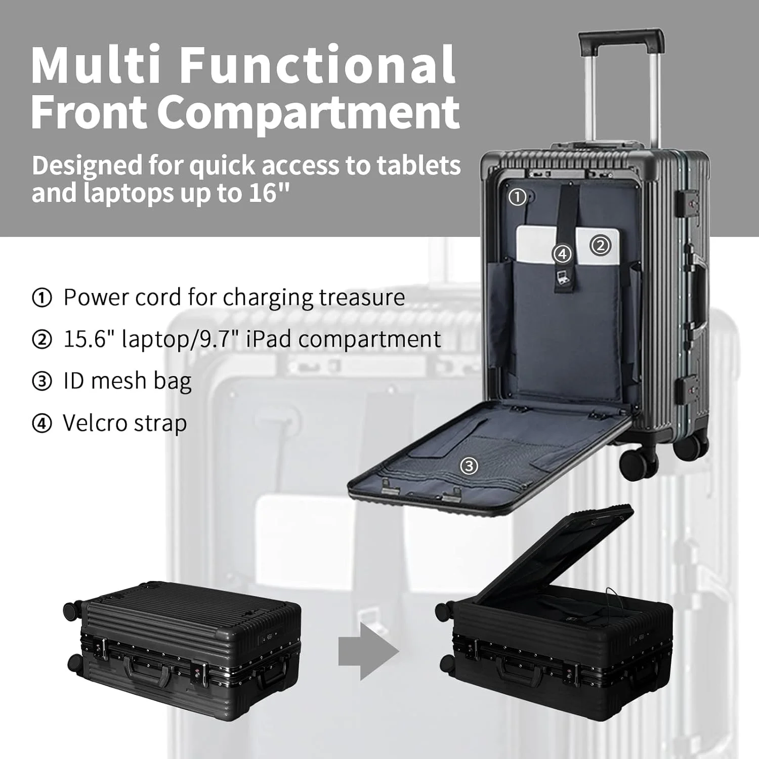 Carry - on Luggage with USB Charging Port, Front Compartment, TSA Lock, Airline Approved Carry on Hardside Suitcase with Spinner Wheels (Grey, 20 in)