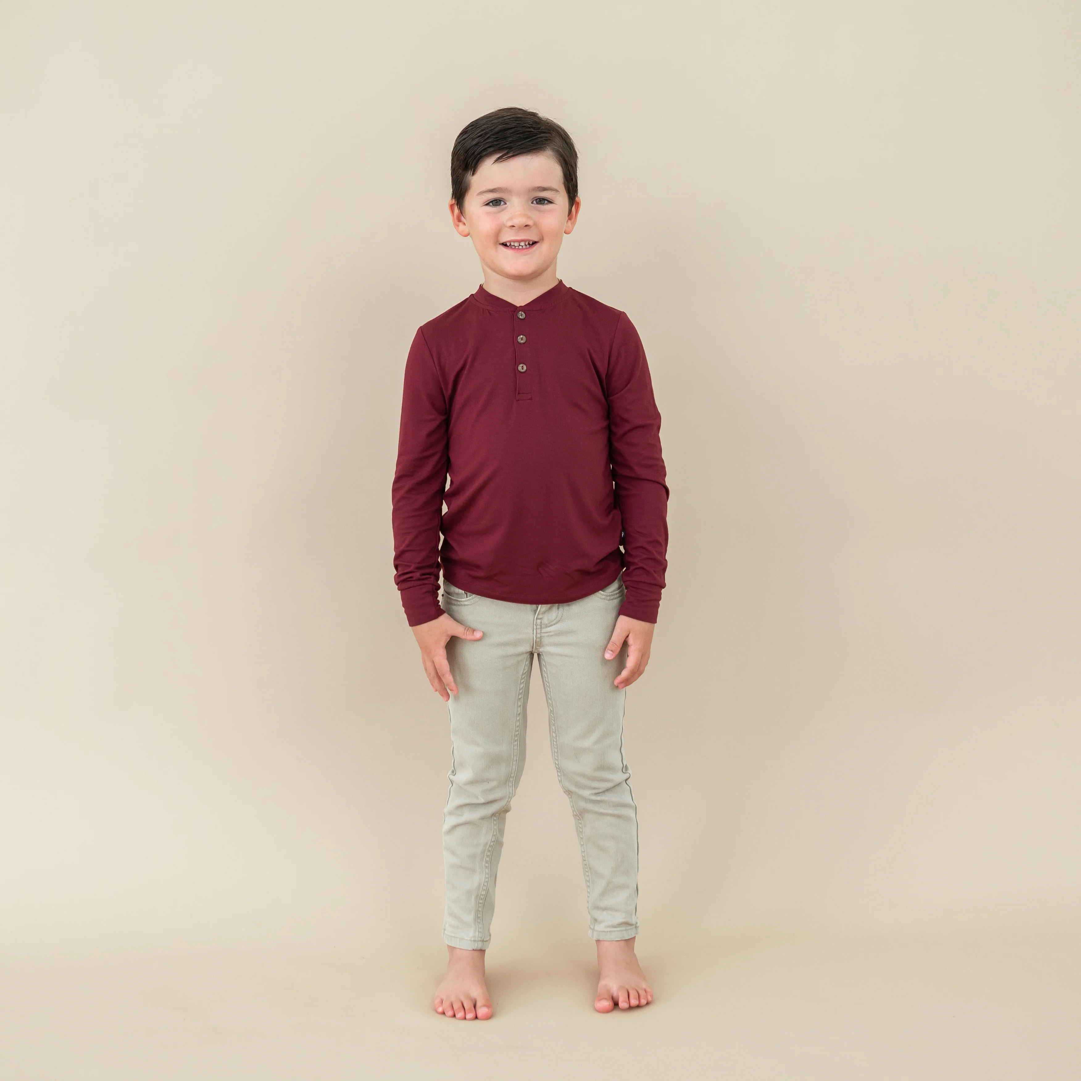 Long Sleeve Toddler Henley Tee in Burgundy
