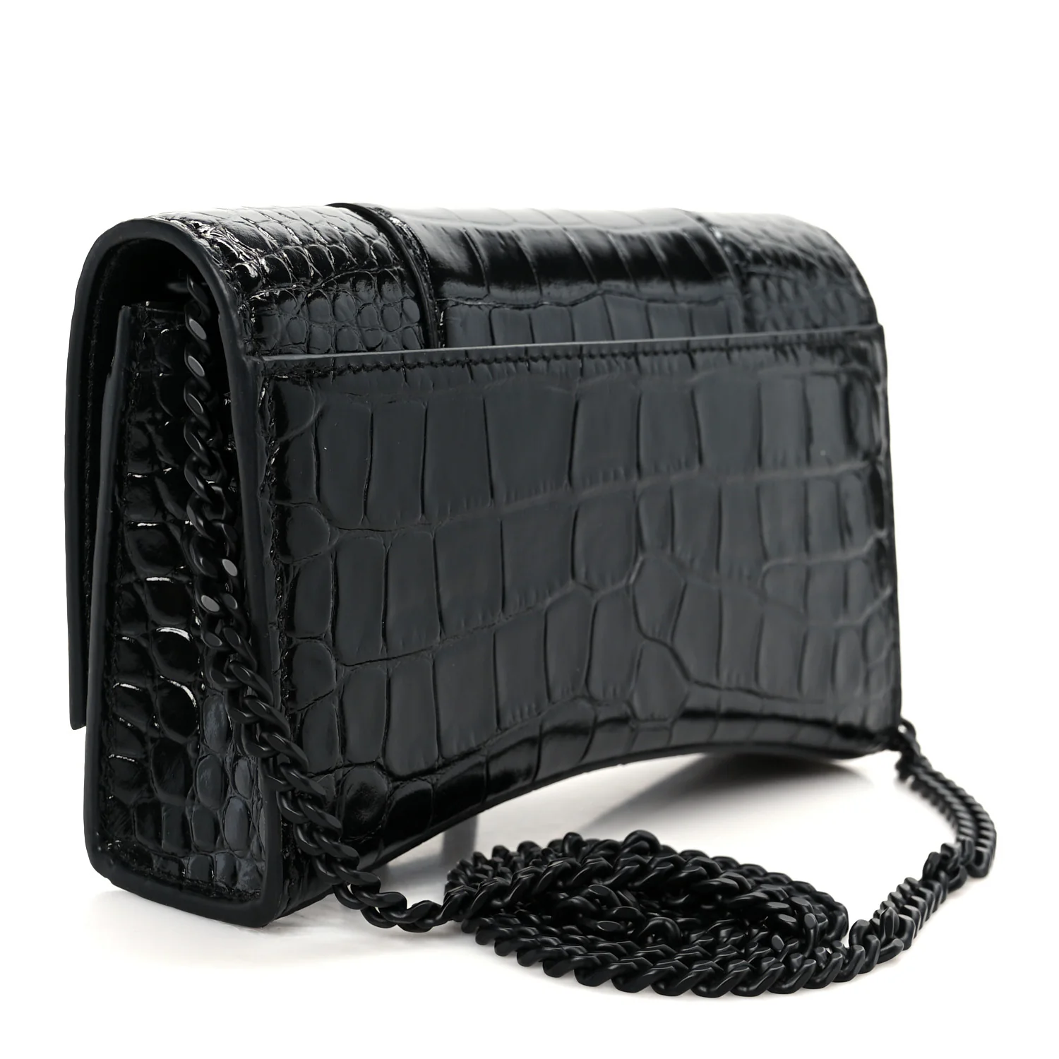 Shiny Calfskin Monochrome Crocodile Embossed Hourglass Chain Bag Black