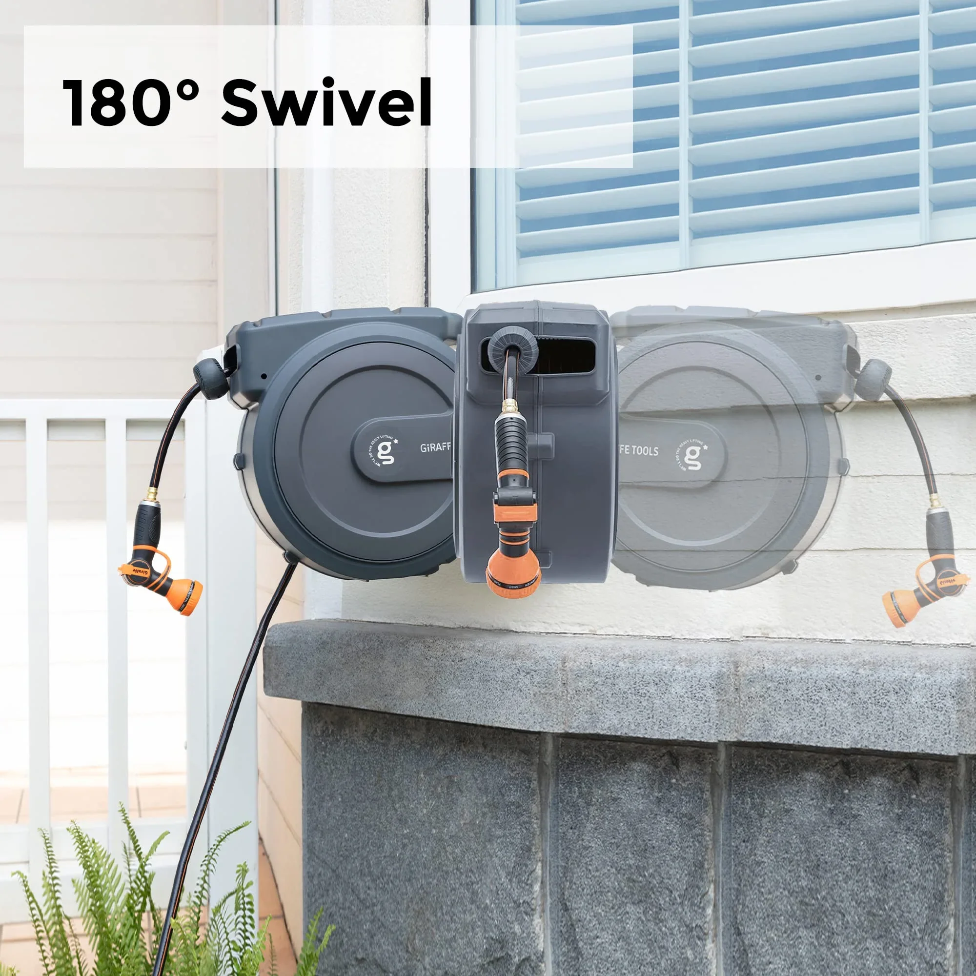 Giraffe Tools Retractable Garden Hose Reel with 1/2in-100ft Water Hose, Plastic Bracket, Wall Mounted, Dark Grey